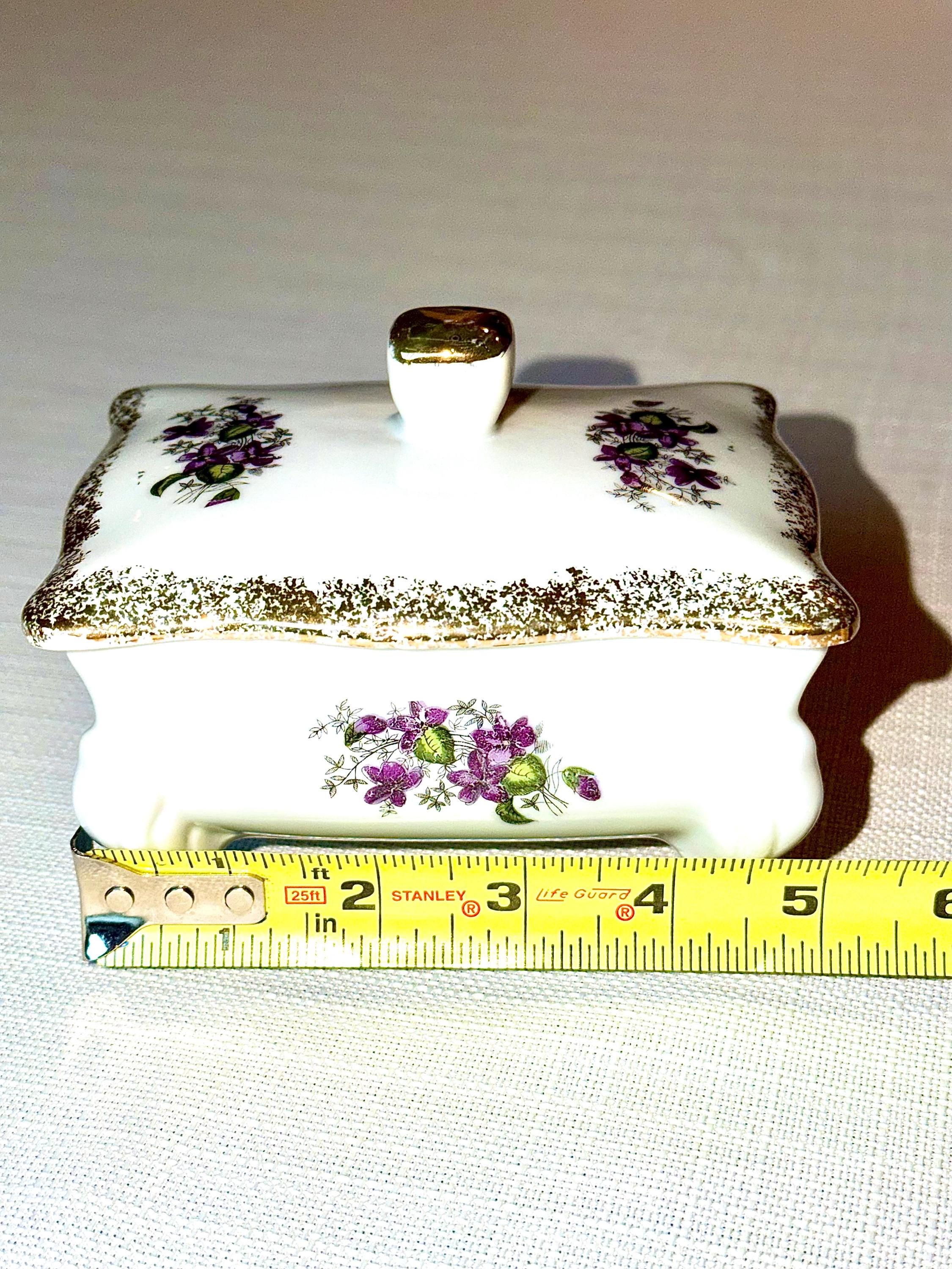 Porcelain Trinket Box: Gold Gilt Floral Violet Design, Footed Vanity Jewelry Storage