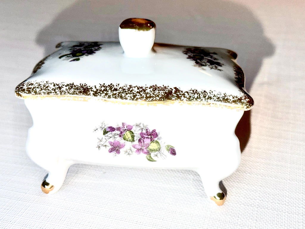 Porcelain Trinket Box: Gold Gilt Floral Violet Design, Footed Vanity Jewelry Storage
