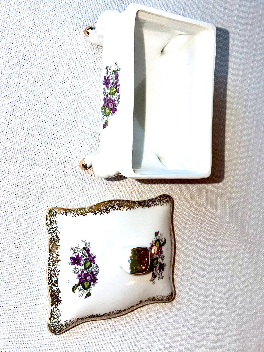 Porcelain Trinket Box: Gold Gilt Floral Violet Design, Footed Vanity Jewelry Storage