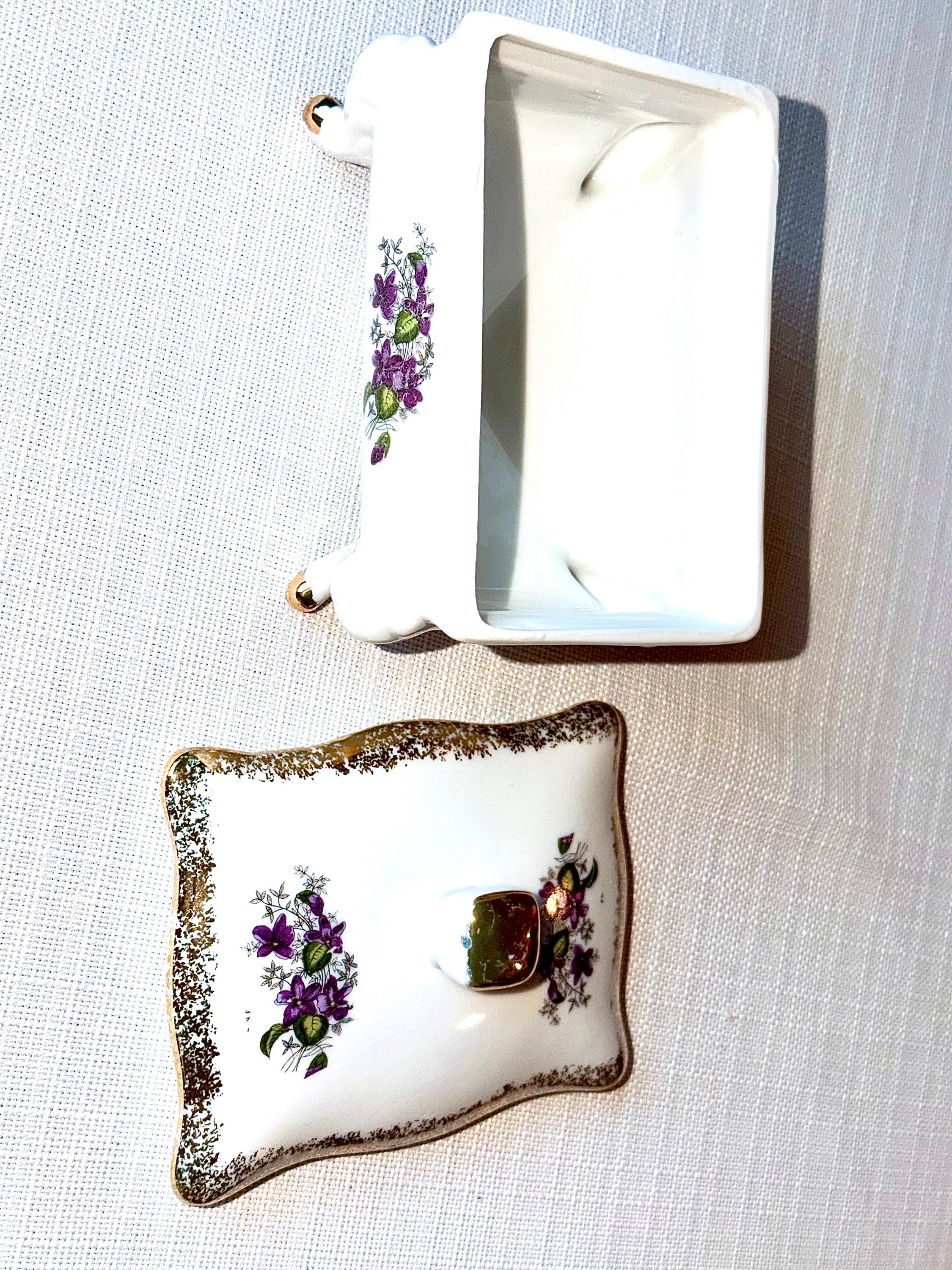 Porcelain Trinket Box: Gold Gilt Floral Violet Design, Footed Vanity Jewelry Storage
