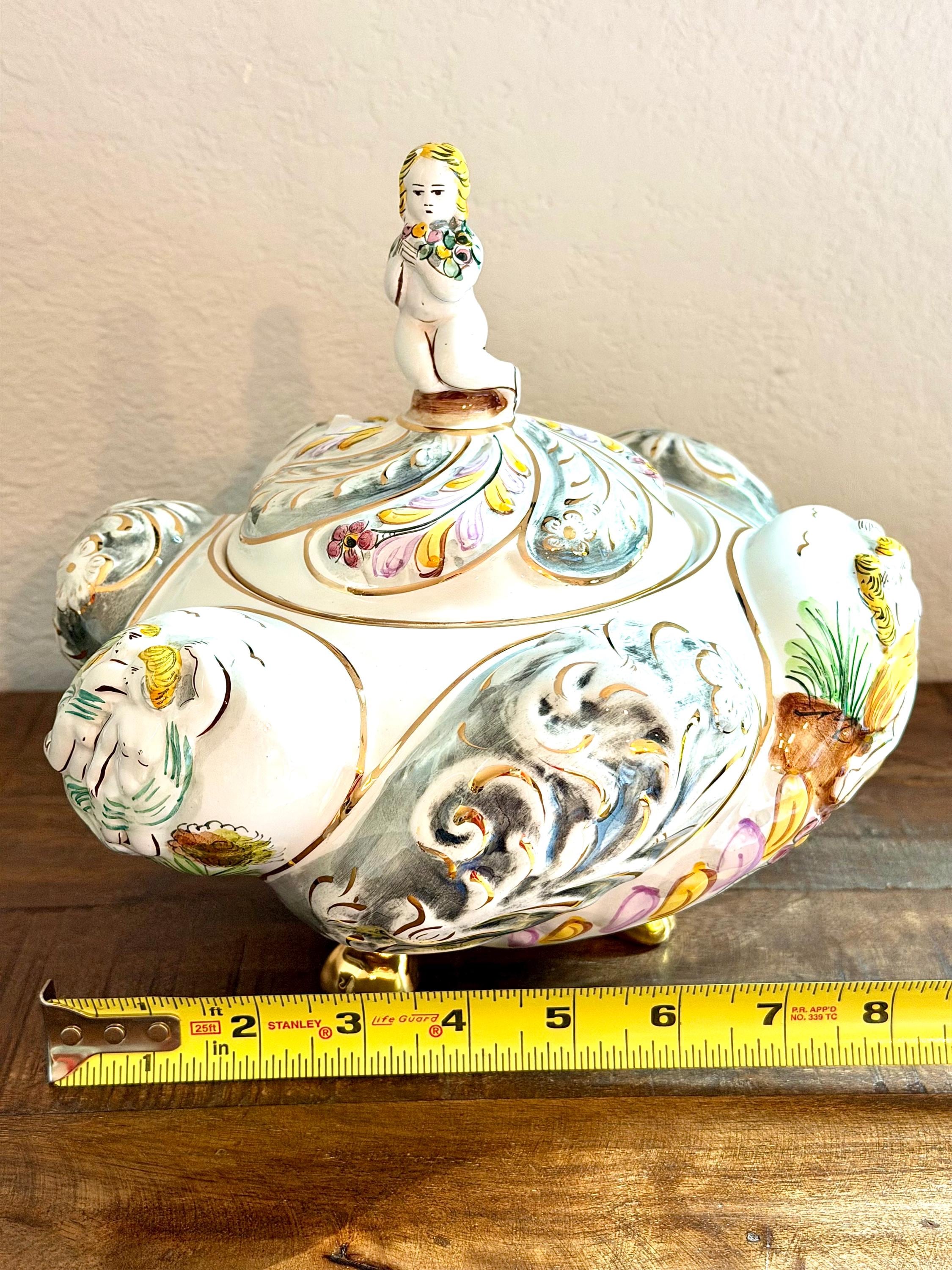 A. Albaca Portuguese Porcelain Trinket Box: Hand-Painted Cherub Figural Vanity Jar