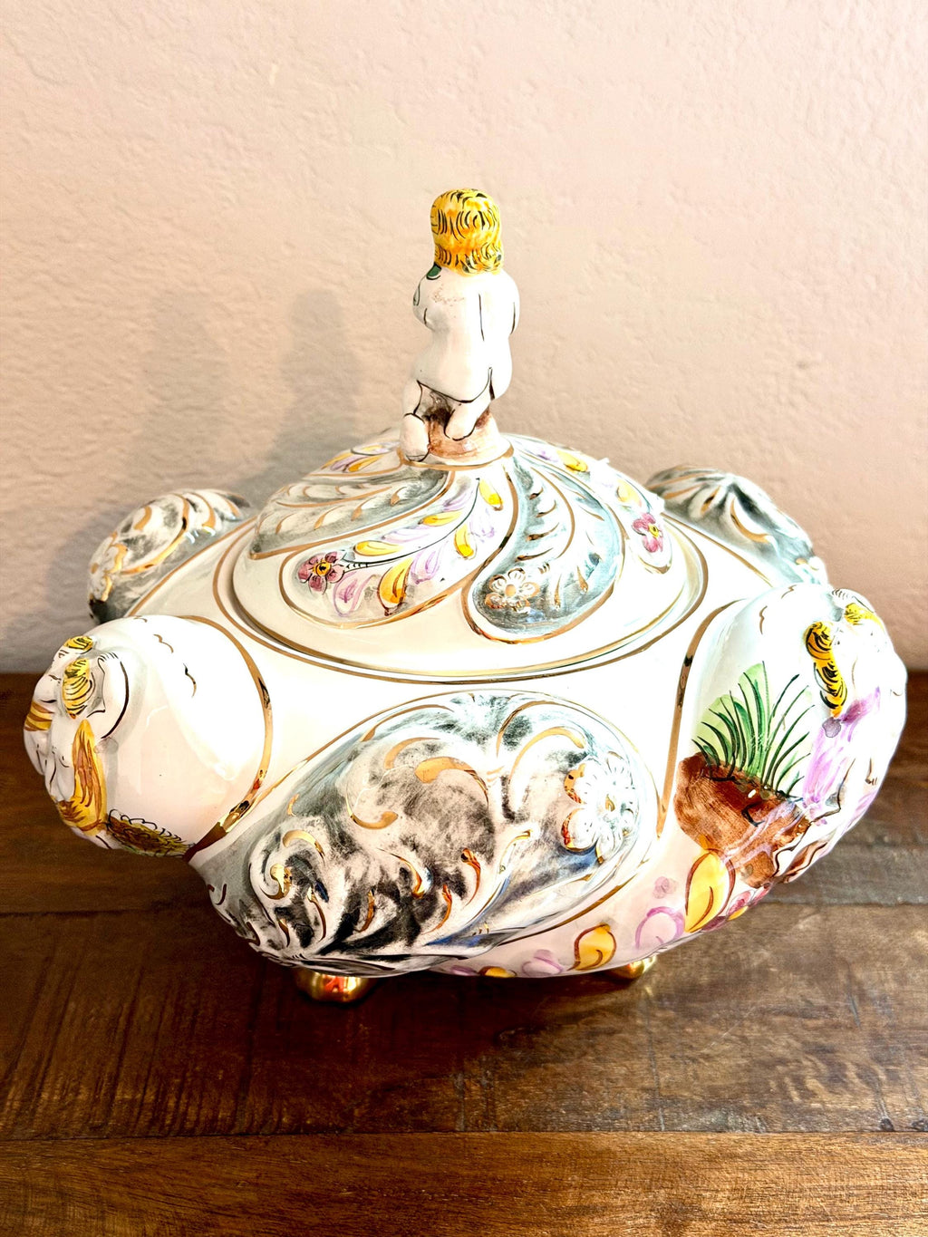 A. Albaca Portuguese Porcelain Trinket Box: Hand-Painted Cherub Figural Vanity Jar