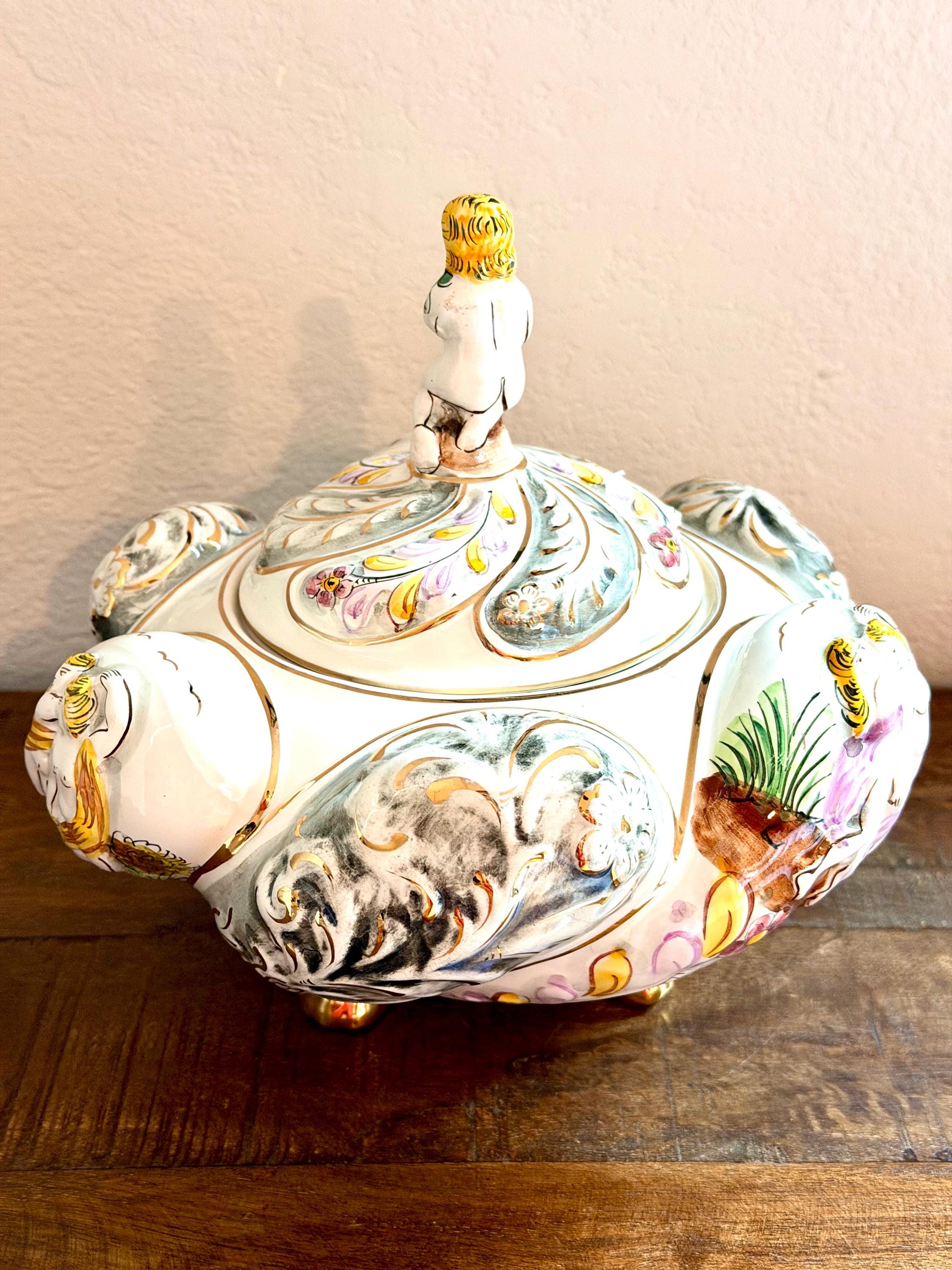 A. Albaca Portuguese Porcelain Trinket Box: Hand-Painted Cherub Figural Vanity Jar