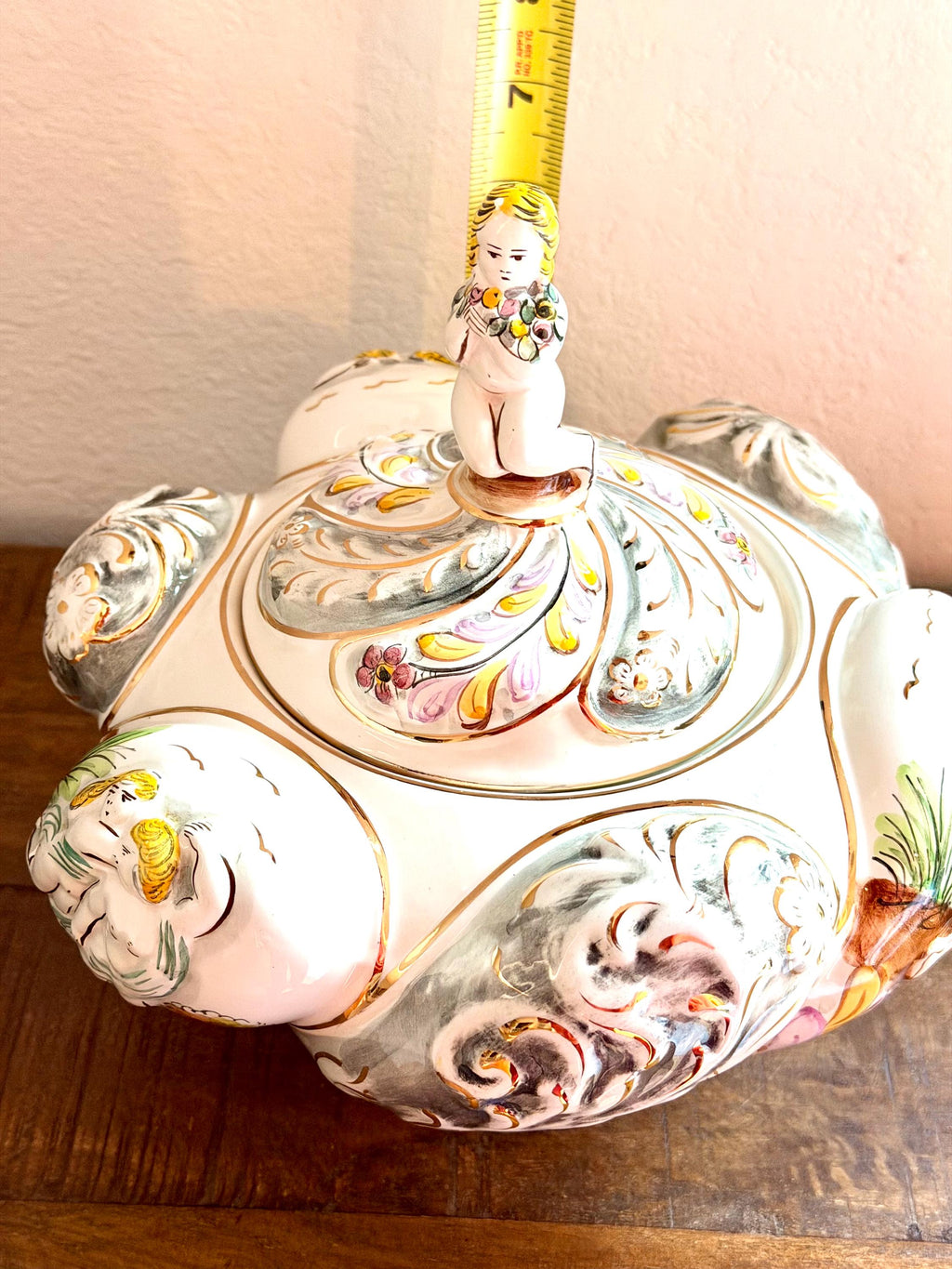 A. Albaca Portuguese Porcelain Trinket Box: Hand-Painted Cherub Figural Vanity Jar