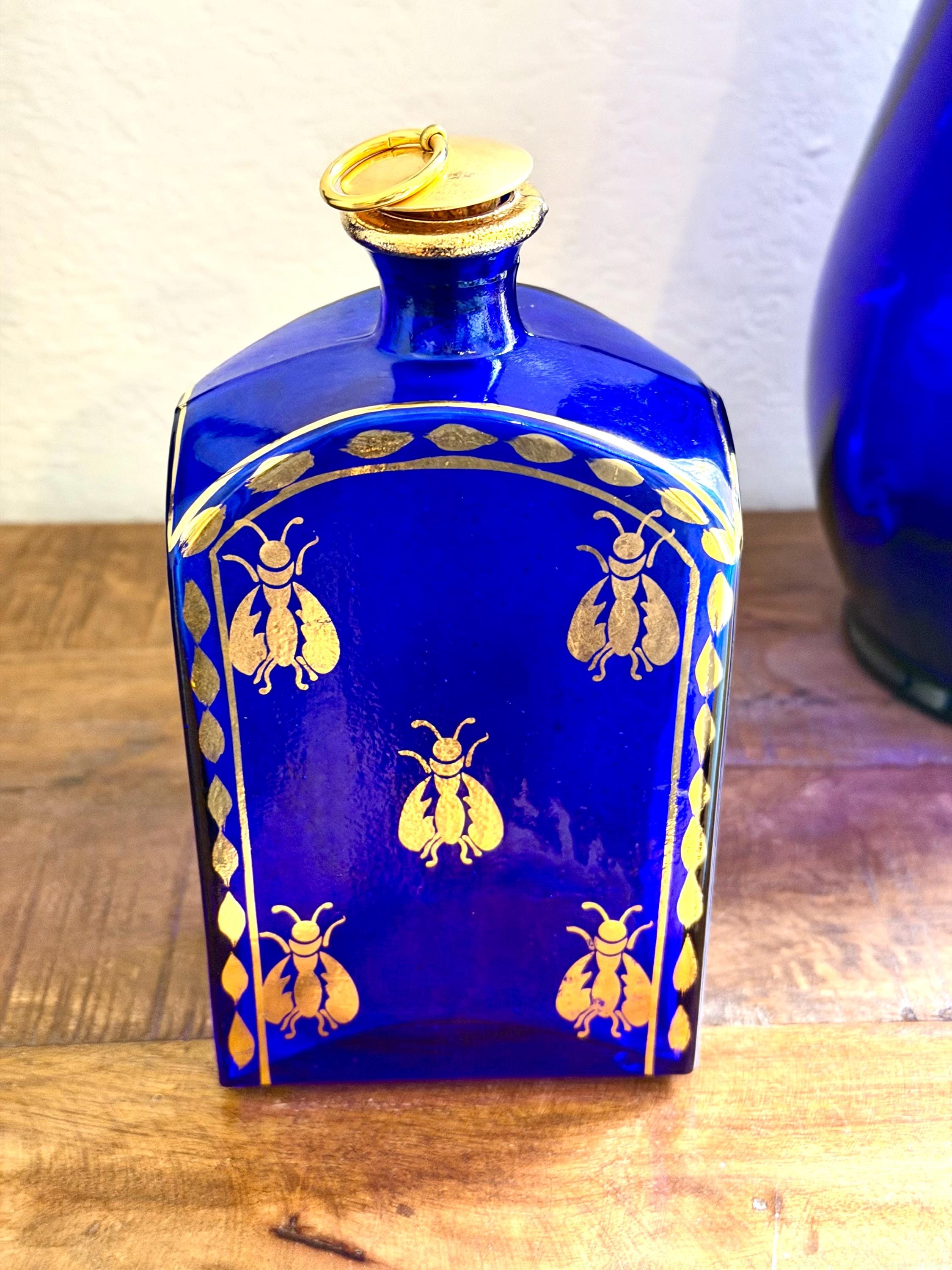 Cobalt Blue Glass Decanter Gold Bee Motif | Vintage Gilt Barware Bottle | Hollywood Regency Accent