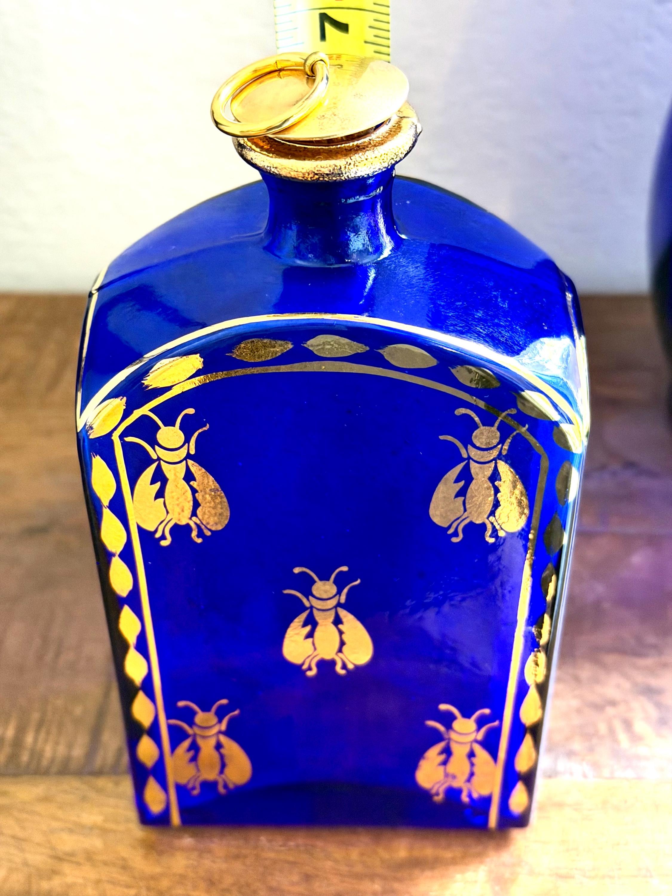 Cobalt Blue Glass Decanter Gold Bee Motif | Vintage Gilt Barware Bottle | Hollywood Regency Accent