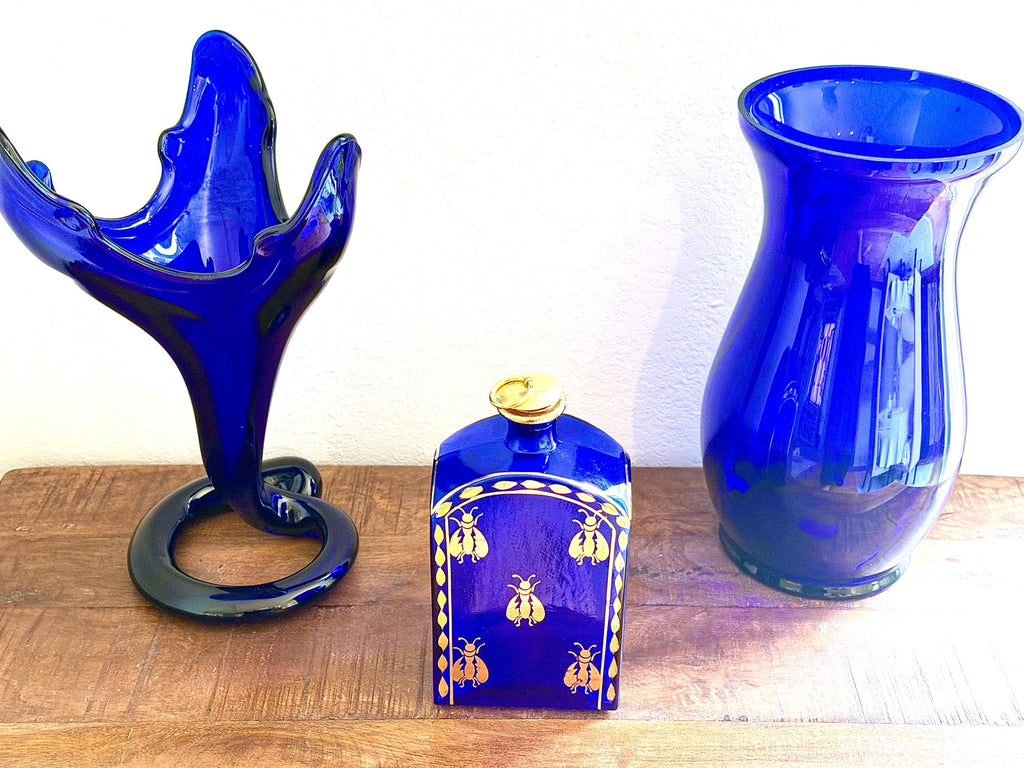 Cobalt Blue Glass Decanter Gold Bee Motif | Vintage Gilt Barware Bottle | Hollywood Regency Accent