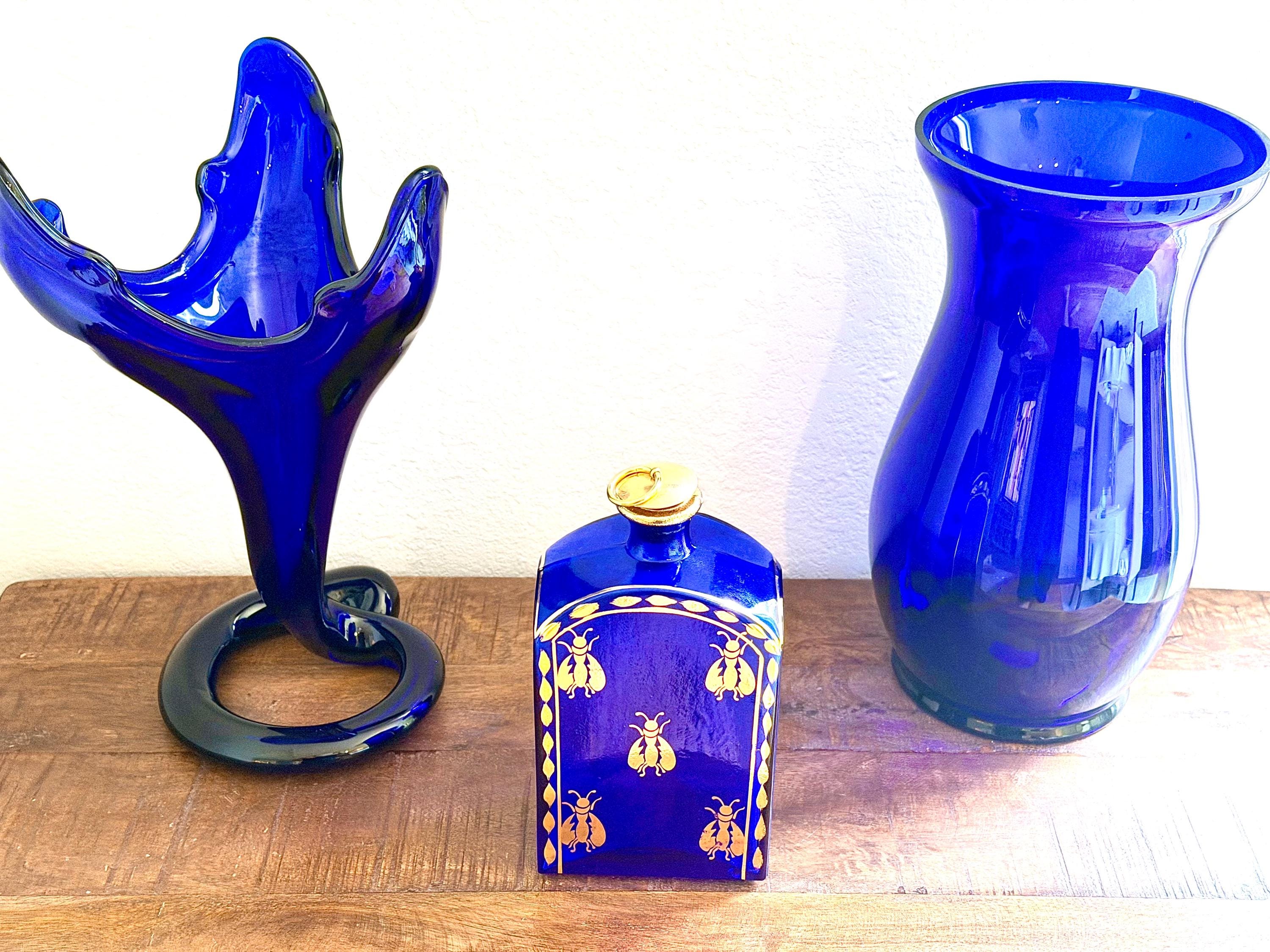 Cobalt Blue Glass Decanter Gold Bee Motif | Vintage Gilt Barware Bottle | Hollywood Regency Accent