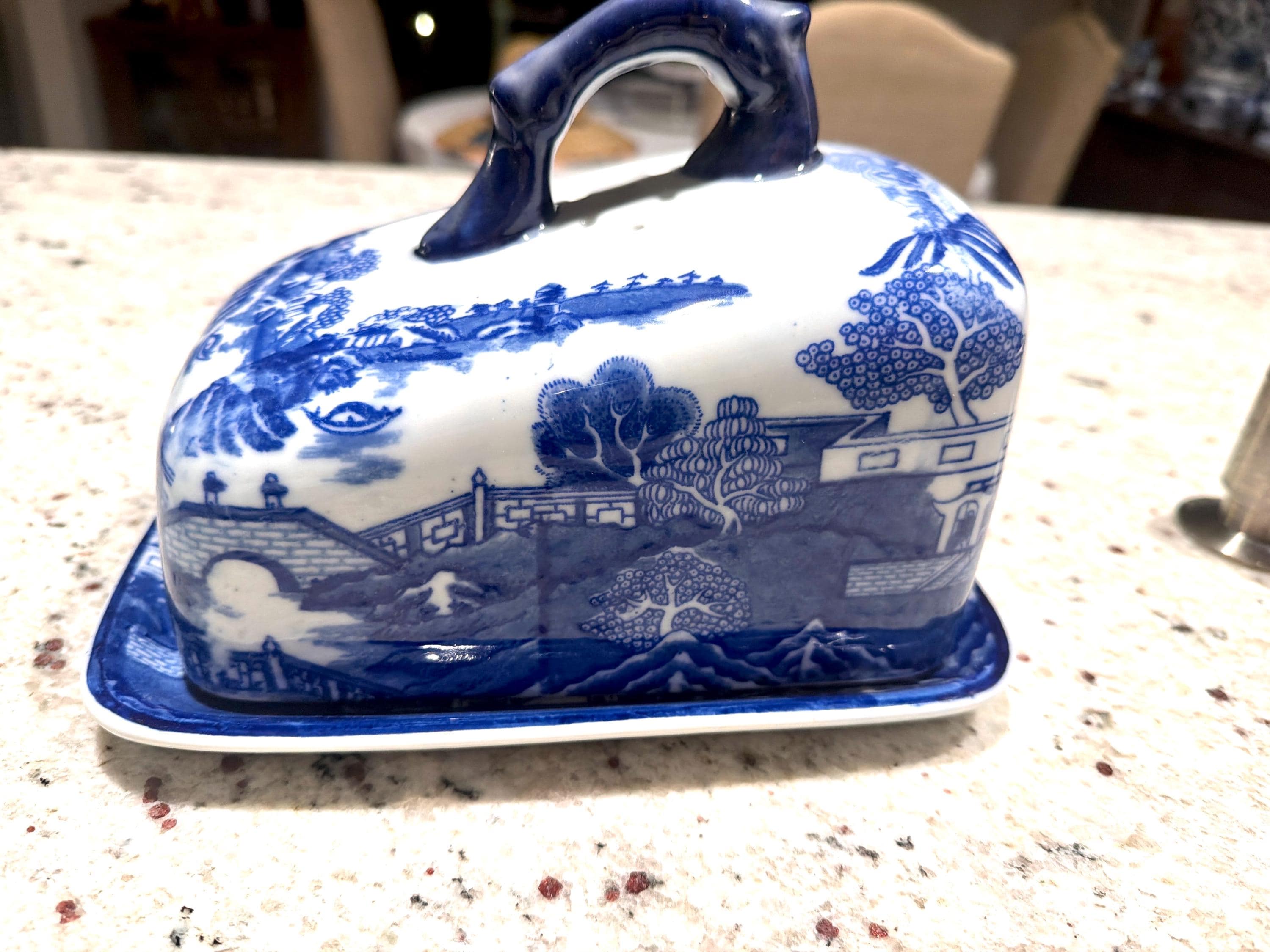 Ironstone Blue White English Covered Butter Dish Chinoiserie Transferware Cottage Core Kitchen Decor Antique
