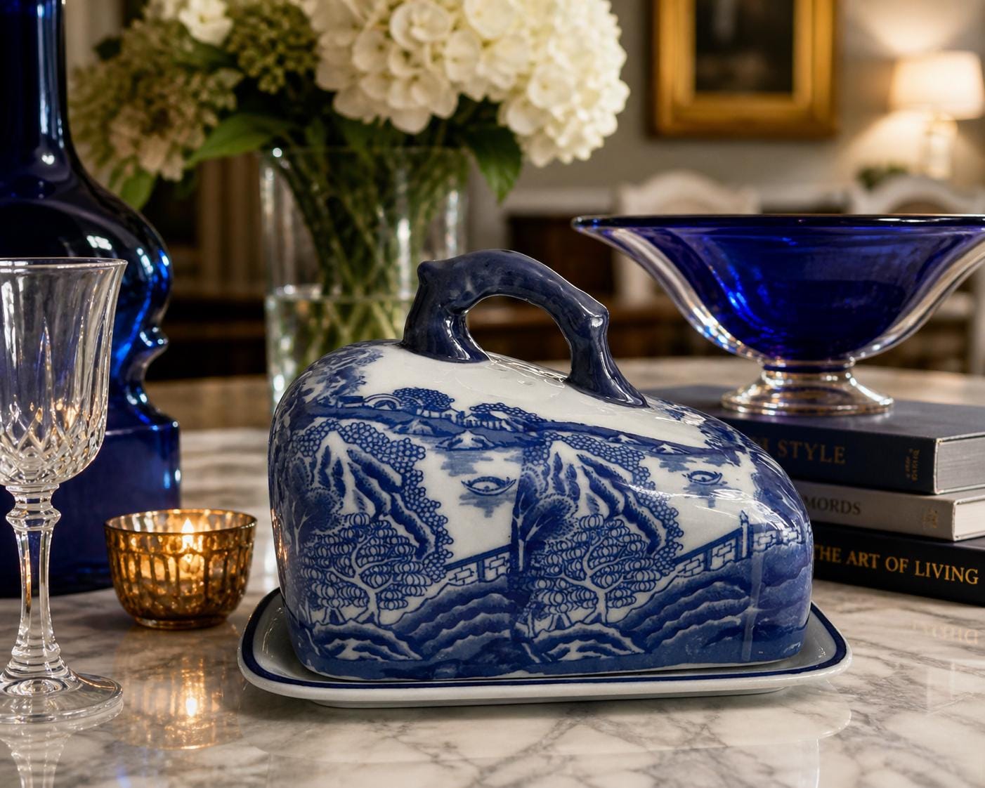 Ironstone Blue White English Covered Butter Dish Chinoiserie Transferware Cottage Core Kitchen Decor Antique
