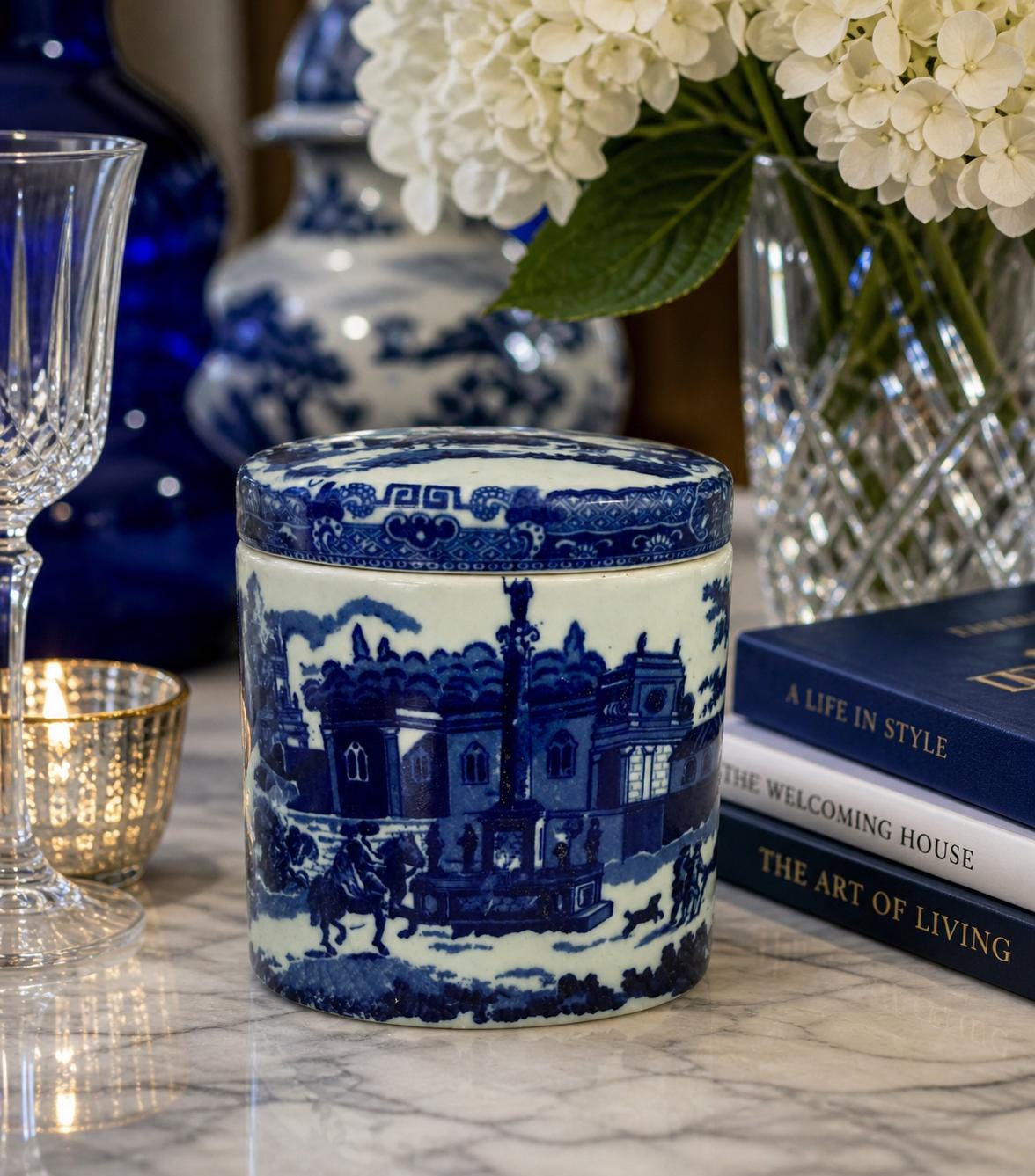 Blue White Transferware Tobacco Jar English Ironstone Lidded Jar Chinoiserie Village Scene Cottage Decor