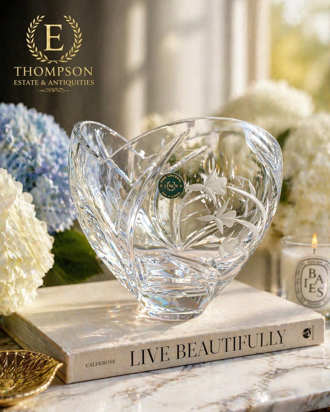 Lenox Crystal Vase, Sculptural Etched Floral Bowl, Made in Slovenia