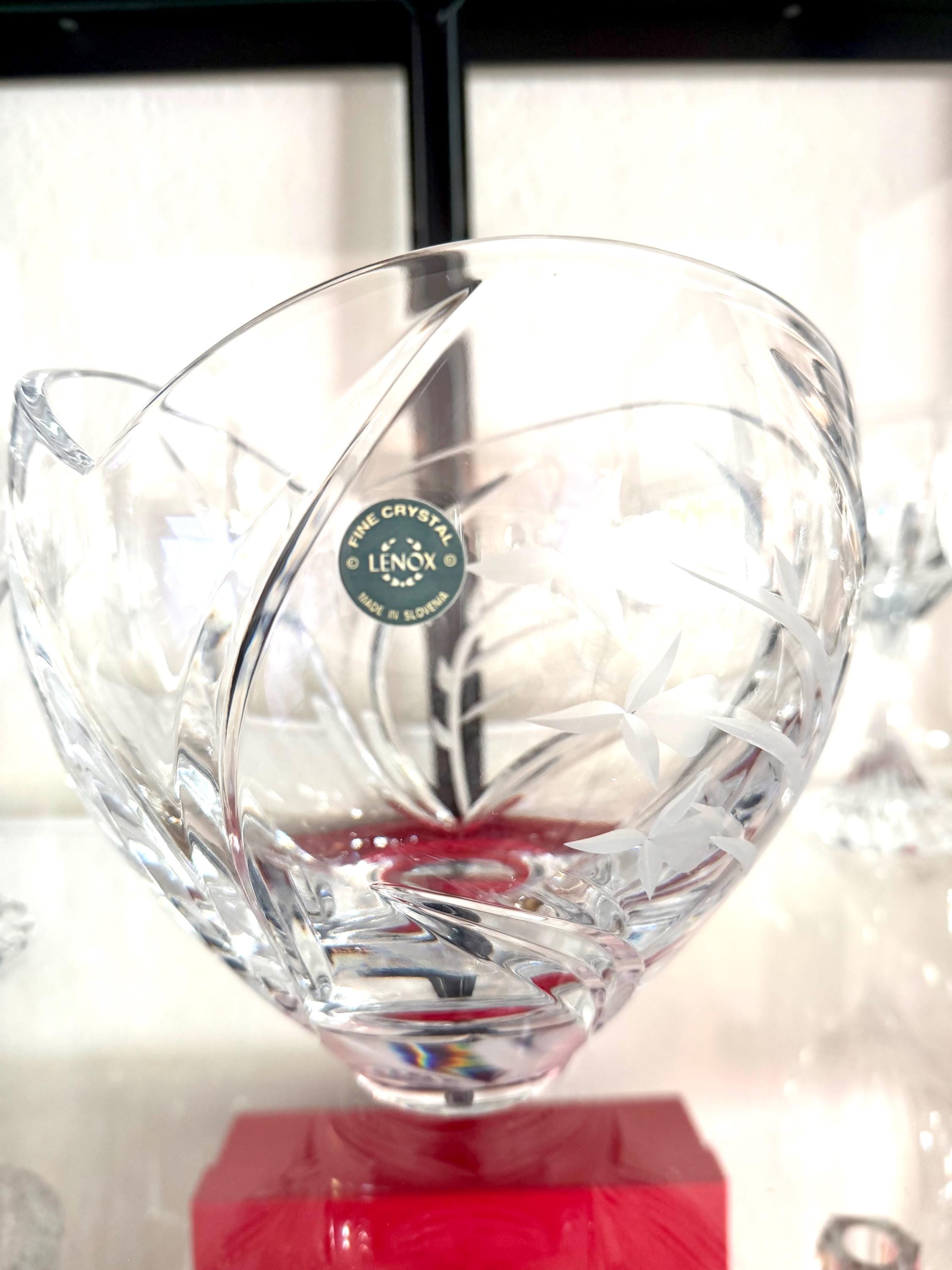Lenox Crystal Vase, Sculptural Etched Floral Bowl, Made in Slovenia