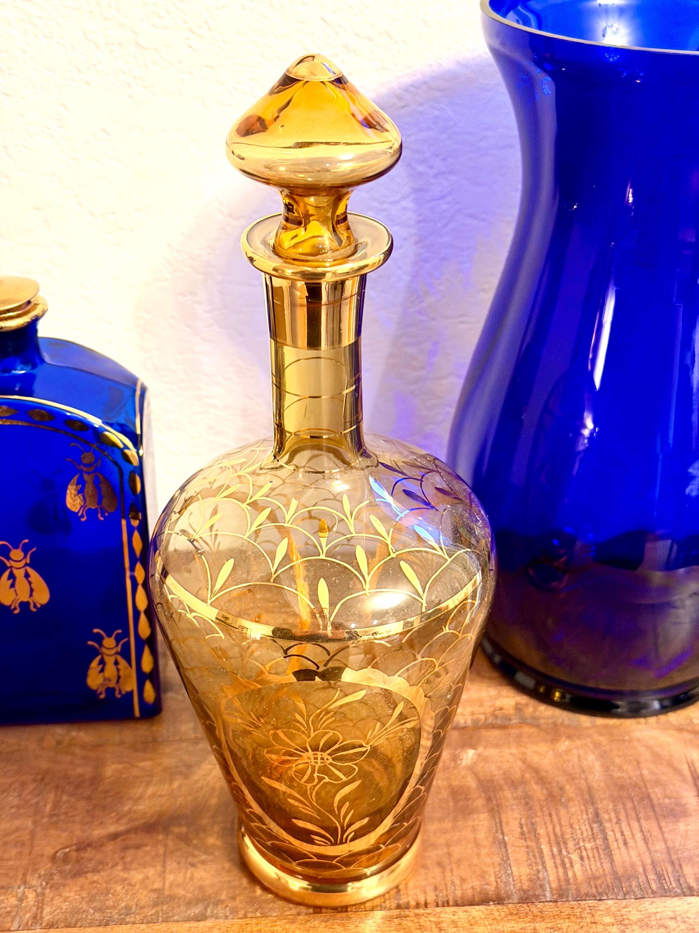 Amber Glass Decanter with Gold Etched Overlay Stopper | Mid Century Barware, Vanity Bottle