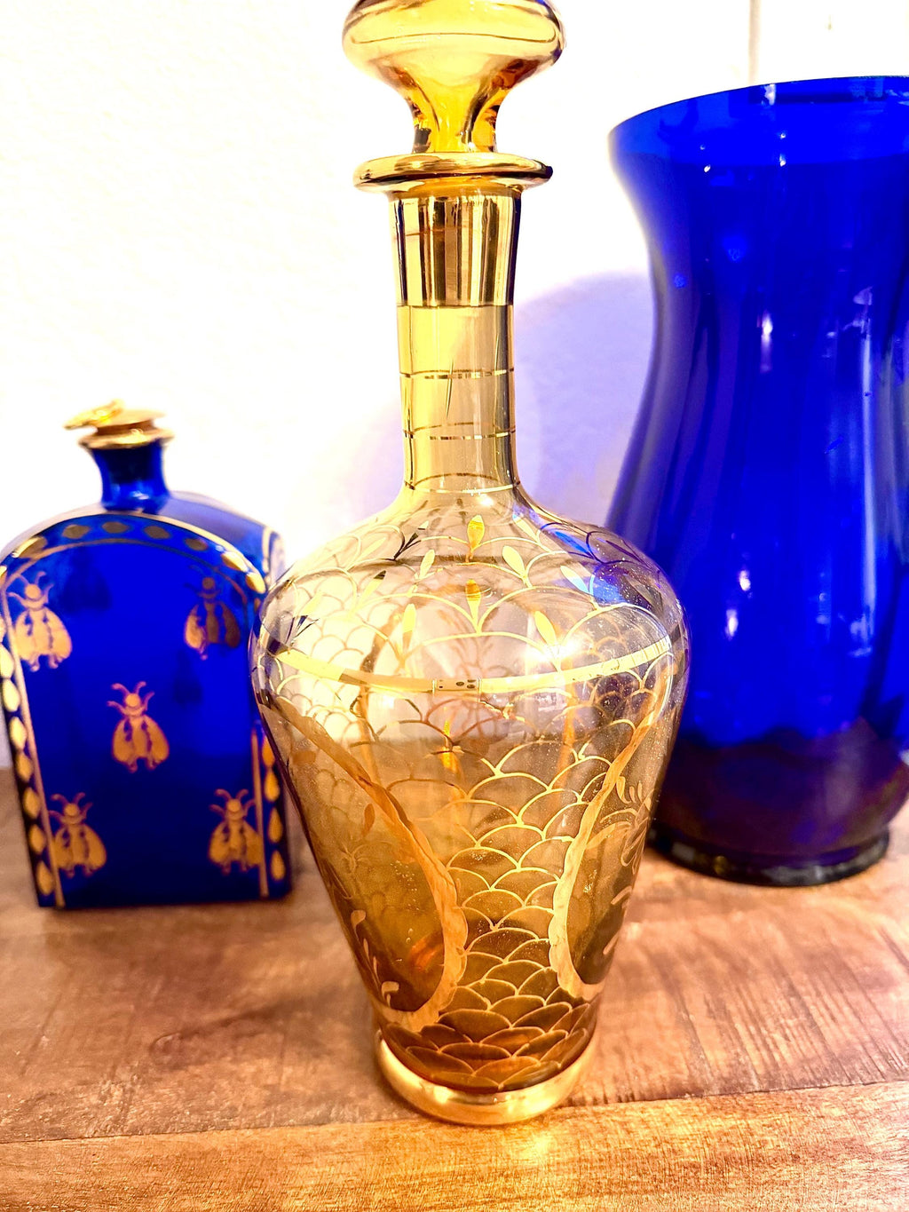 Amber Glass Decanter with Gold Etched Overlay Stopper | Mid Century Barware, Vanity Bottle