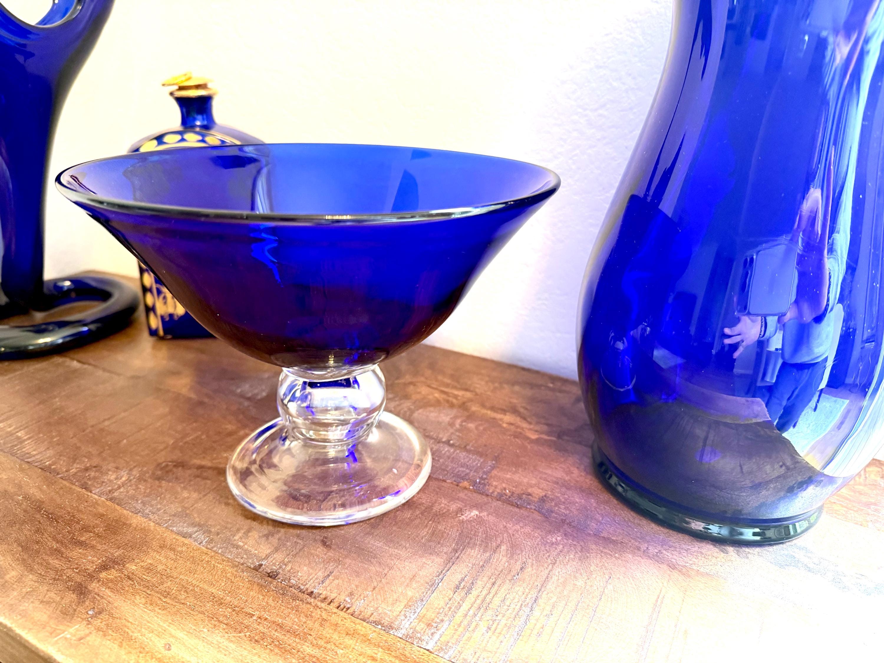 Cobalt Blue Pedestal Compote Bowl Art Glass Candy Dish Centerpiece Decor VINTAGE
