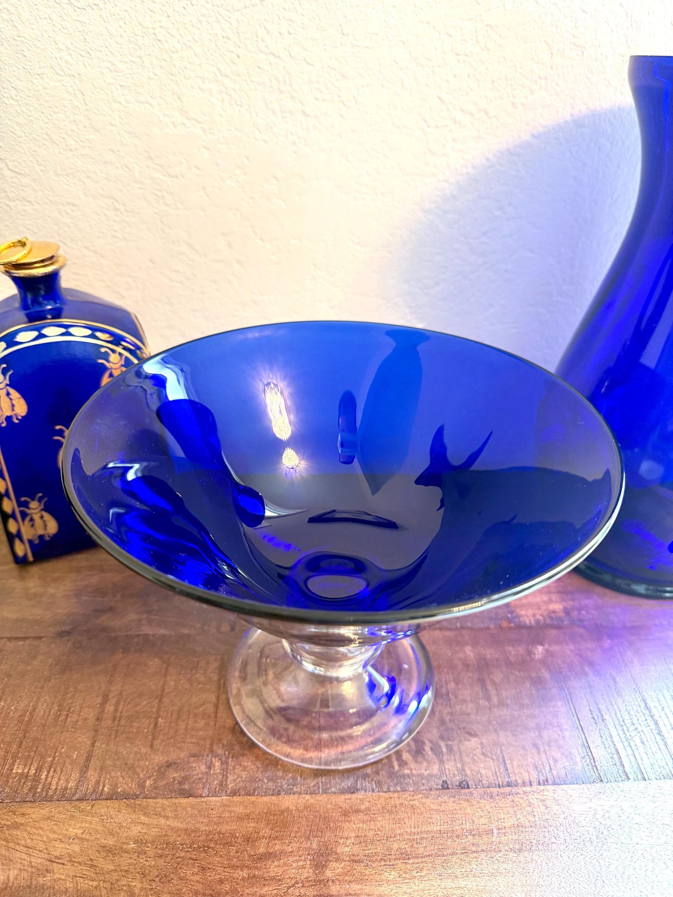 Cobalt Blue Pedestal Compote Bowl Art Glass Candy Dish Centerpiece Decor VINTAGE