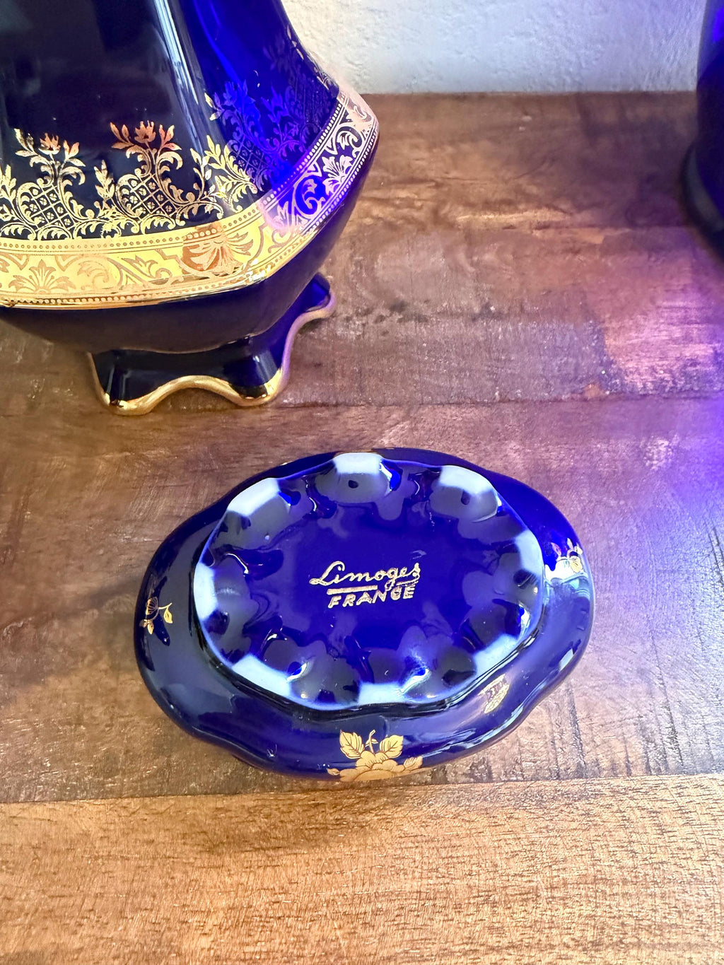 Limoges France Cobalt Blue Porcelain Trinket Dish Gold Gilt Floral VINTAGE