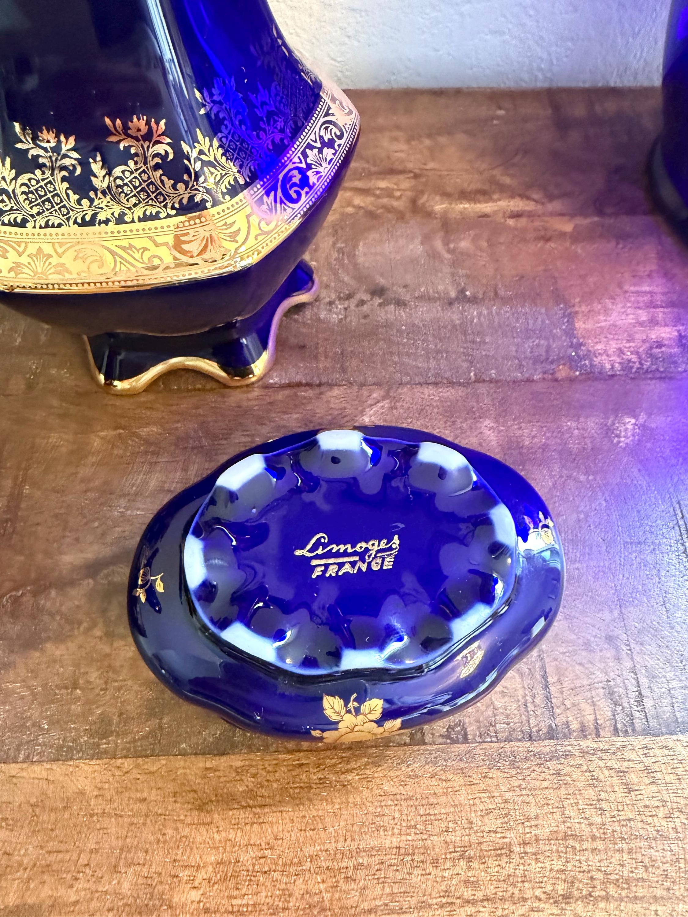 Limoges France Cobalt Blue Porcelain Trinket Dish Gold Gilt Floral VINTAGE