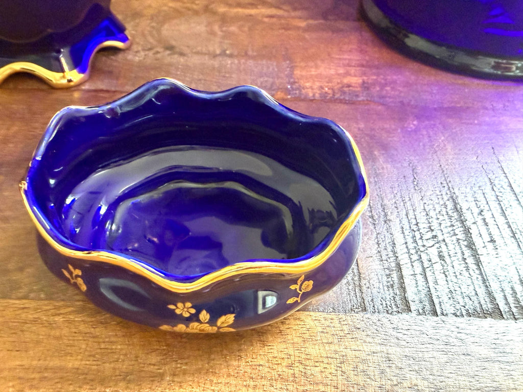 Limoges France Cobalt Blue Porcelain Trinket Dish Gold Gilt Floral VINTAGE