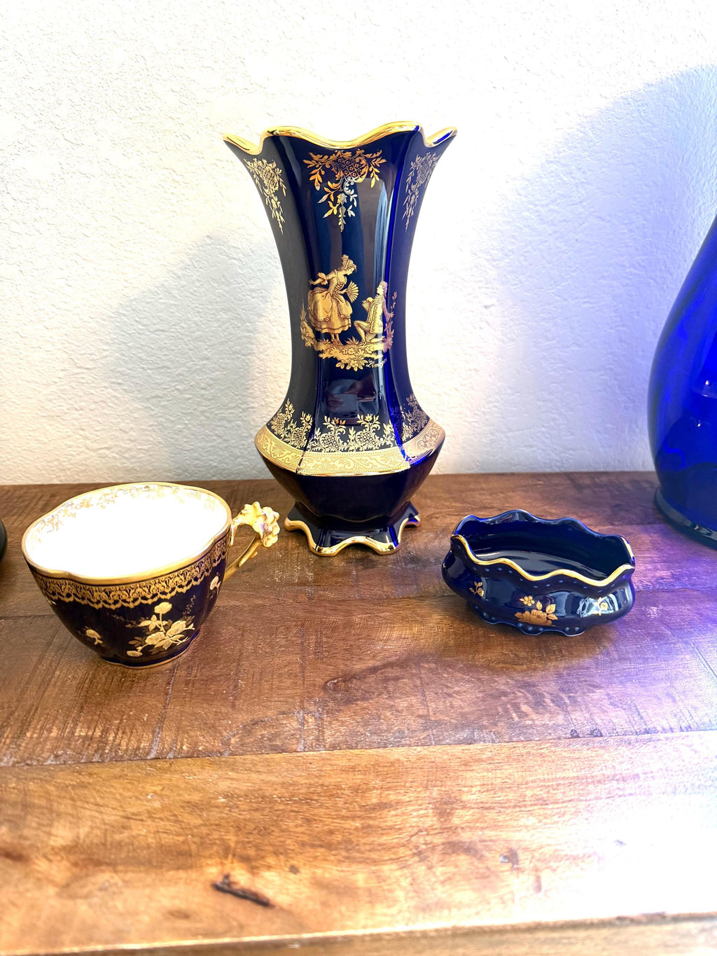 Limoges France Cobalt Blue Porcelain Trinket Dish Gold Gilt Floral VINTAGE