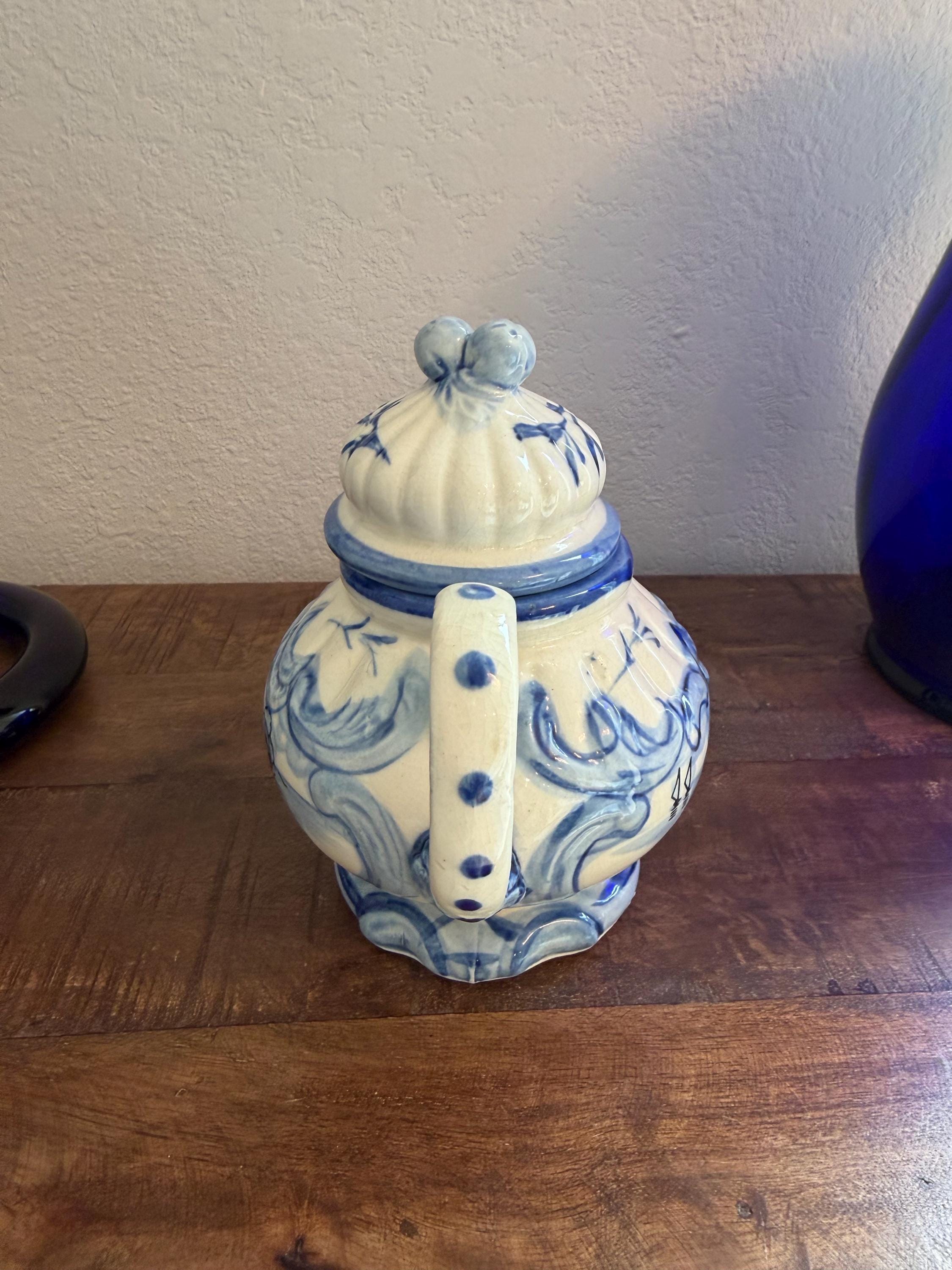 Blue White Lidded Sugar Bowl Delft Style Hand Painted Ceramic Cottage Scene Jar VINTAGE