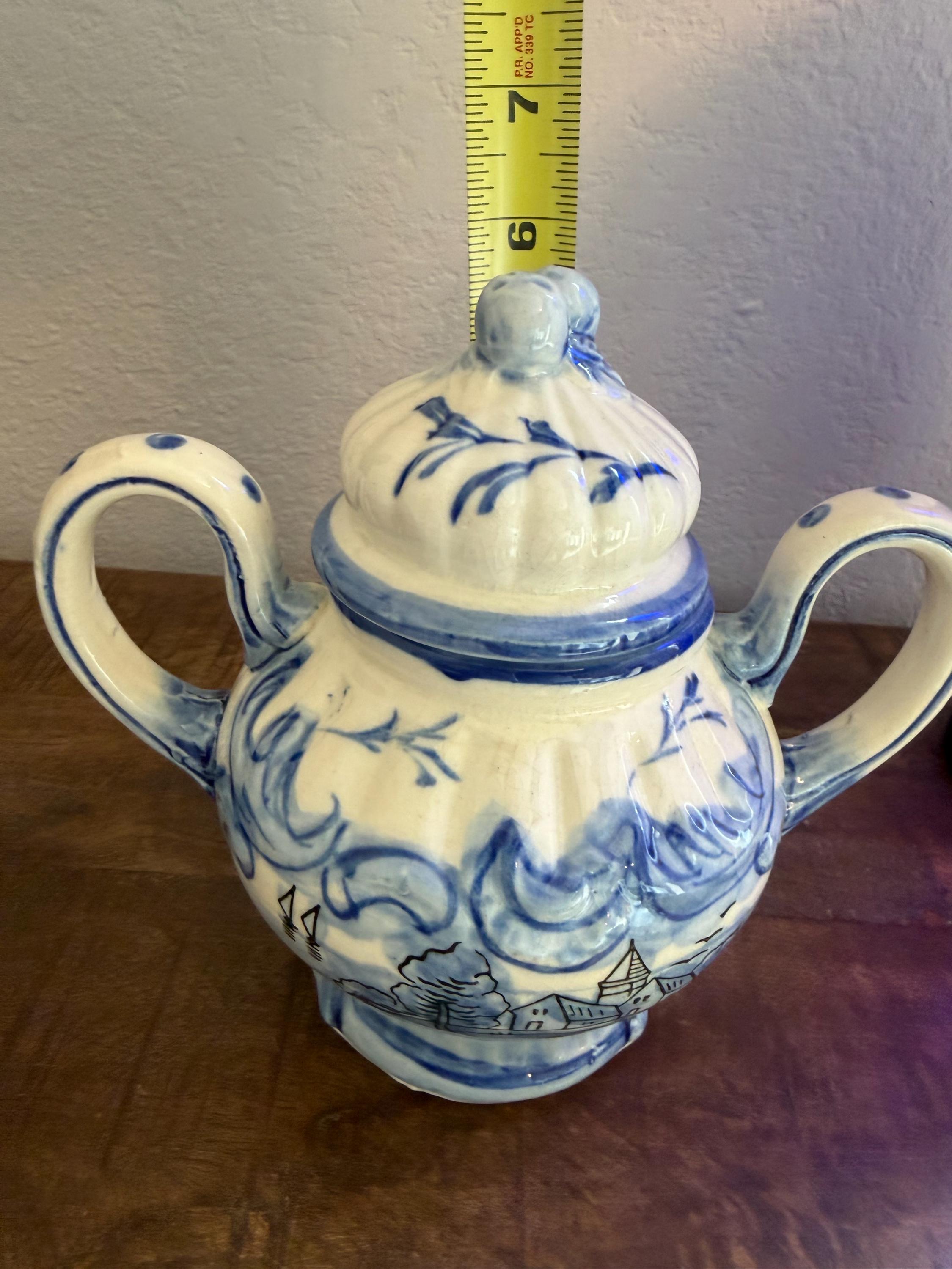 Blue White Lidded Sugar Bowl Delft Style Hand Painted Ceramic Cottage Scene Jar VINTAGE