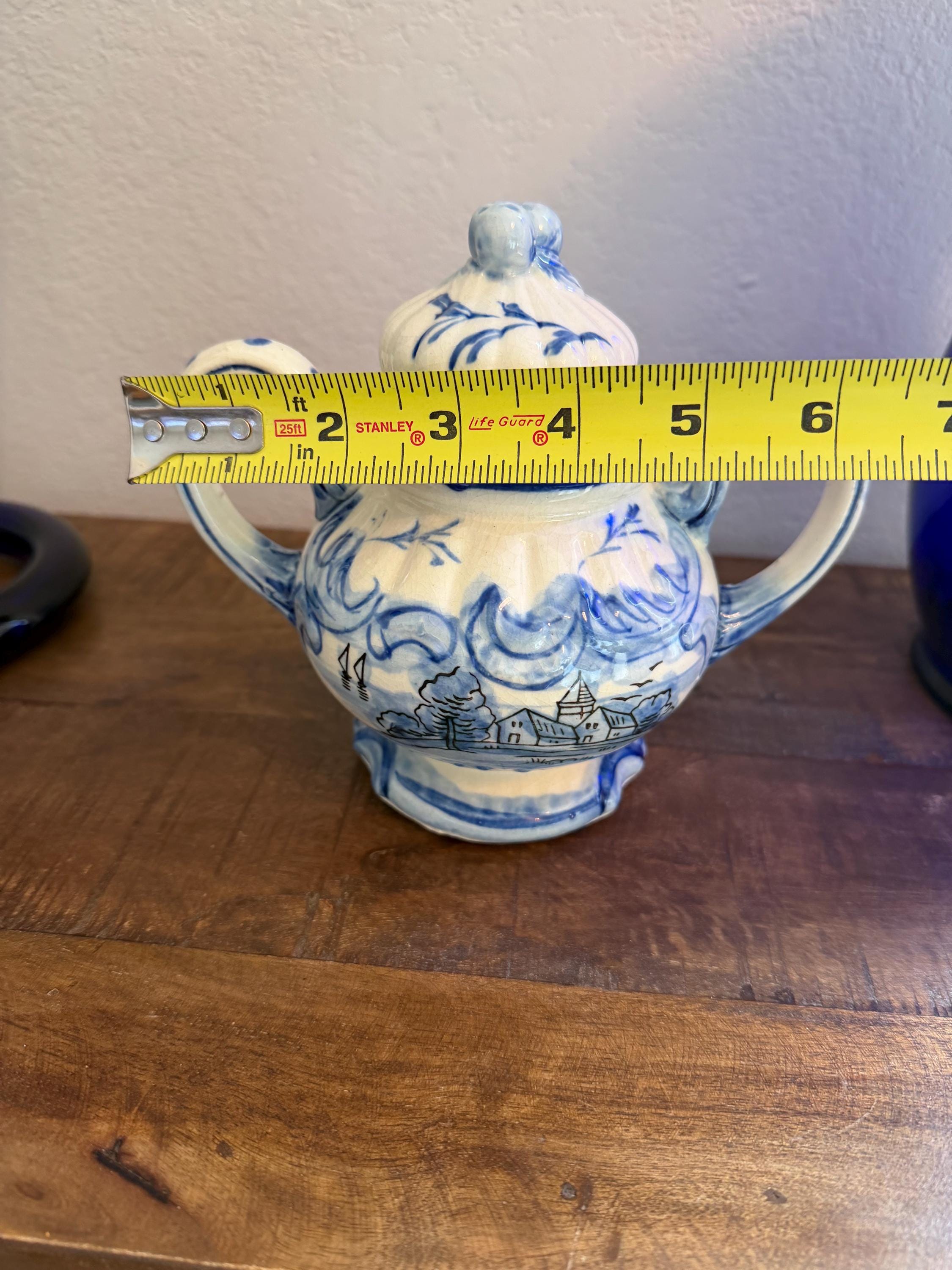 Blue White Lidded Sugar Bowl Delft Style Hand Painted Ceramic Cottage Scene Jar VINTAGE