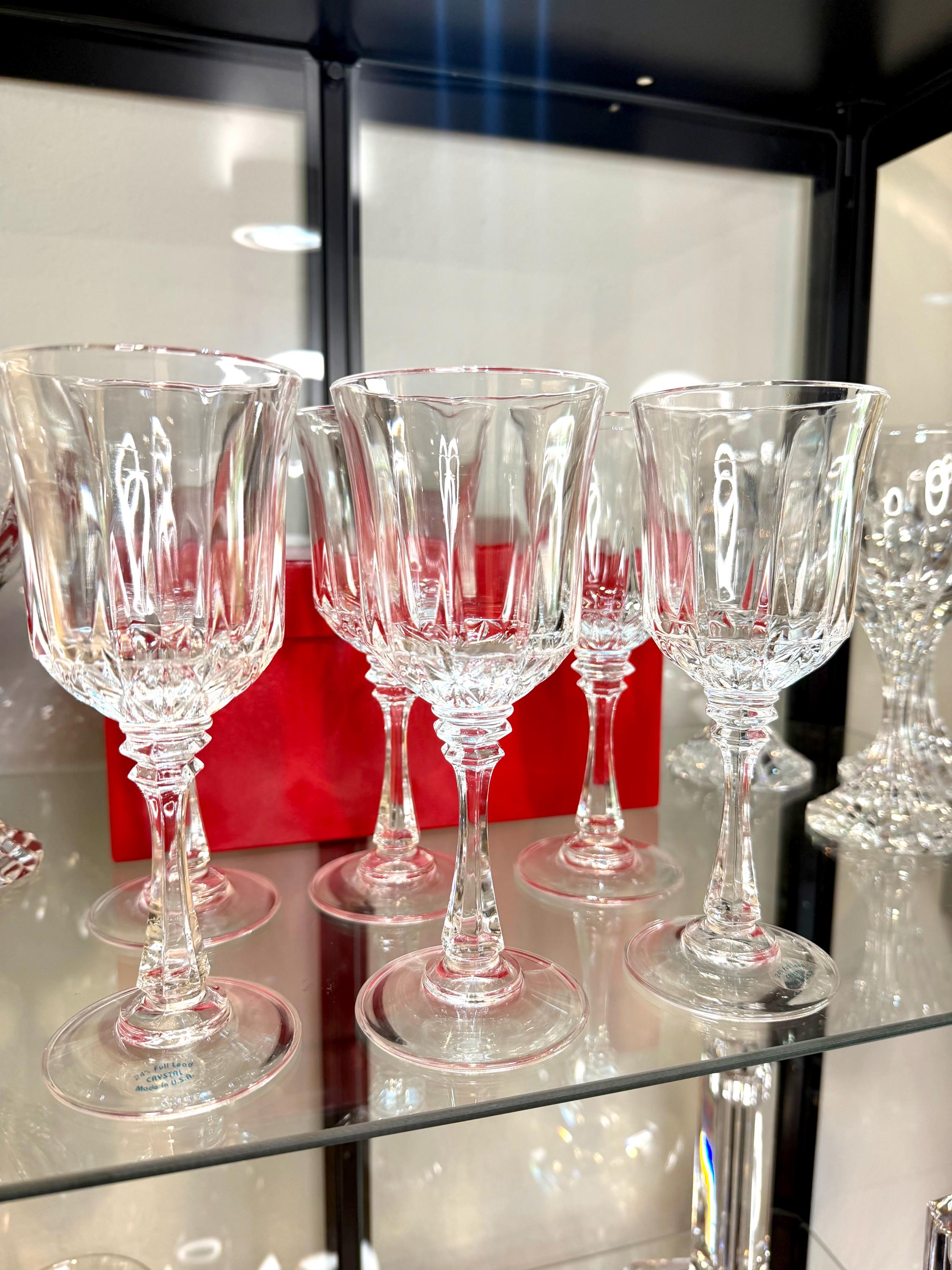 Crystal Goblets Set of 6 Made in USA Elegant Paneled Stemware Water Wine Glasses Vintage Barware
