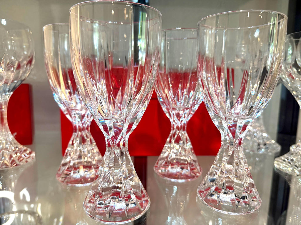 Cut Crystal Goblets Set of 4 Twisted Faceted Stemware Elegant Crystal Wine Glasses Hollywood Regency Style VINTAGE
