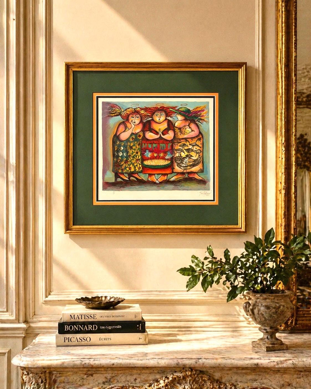 Folk Art Print – Three Women Figurative Scene, Gallery Style Decor Signed