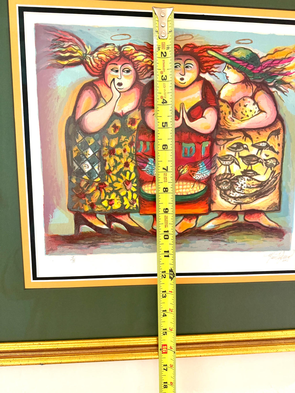 Folk Art Print – Three Women Figurative Scene, Gallery Style Decor Signed