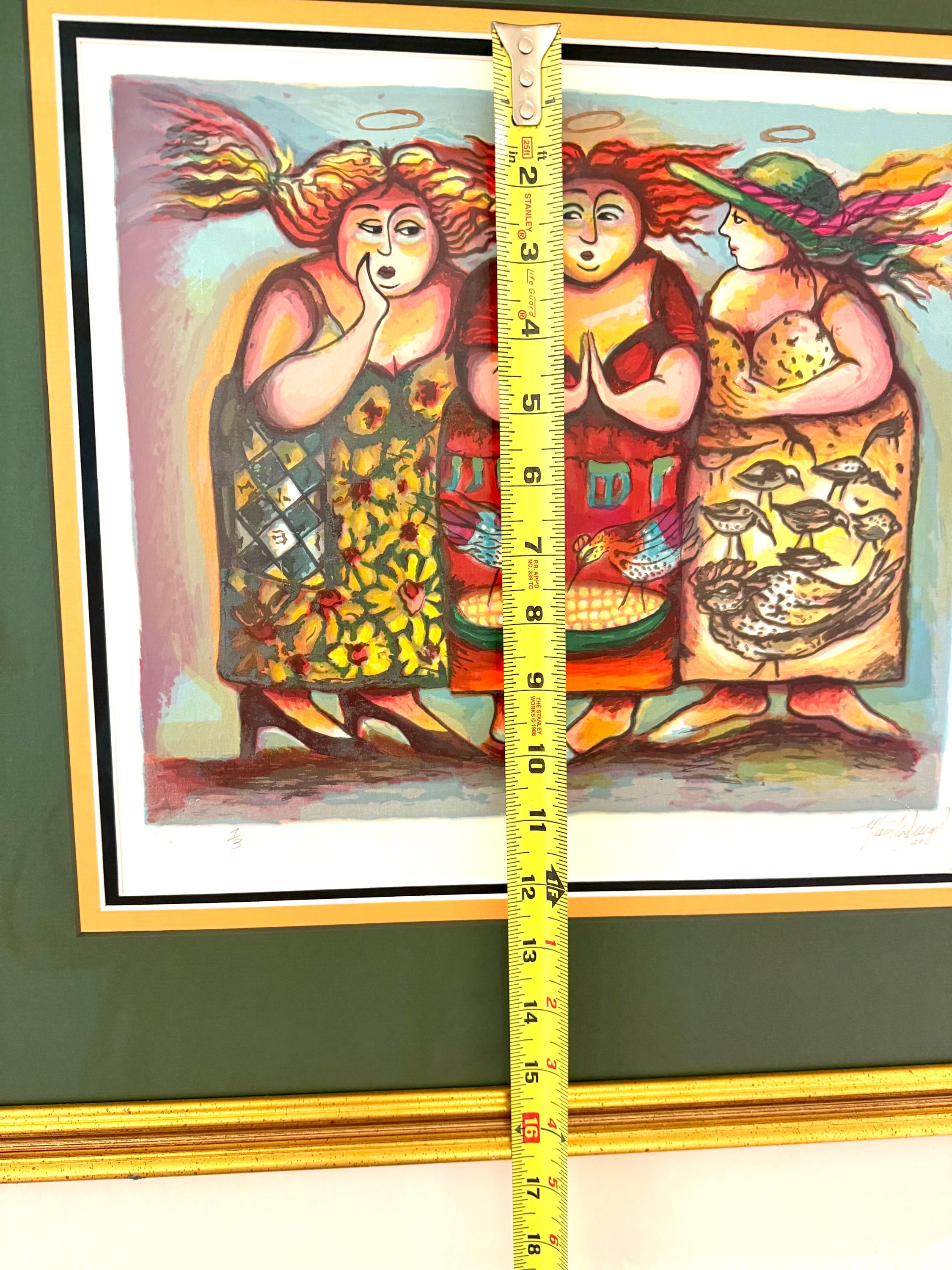 Folk Art Print – Three Women Figurative Scene, Gallery Style Decor Signed