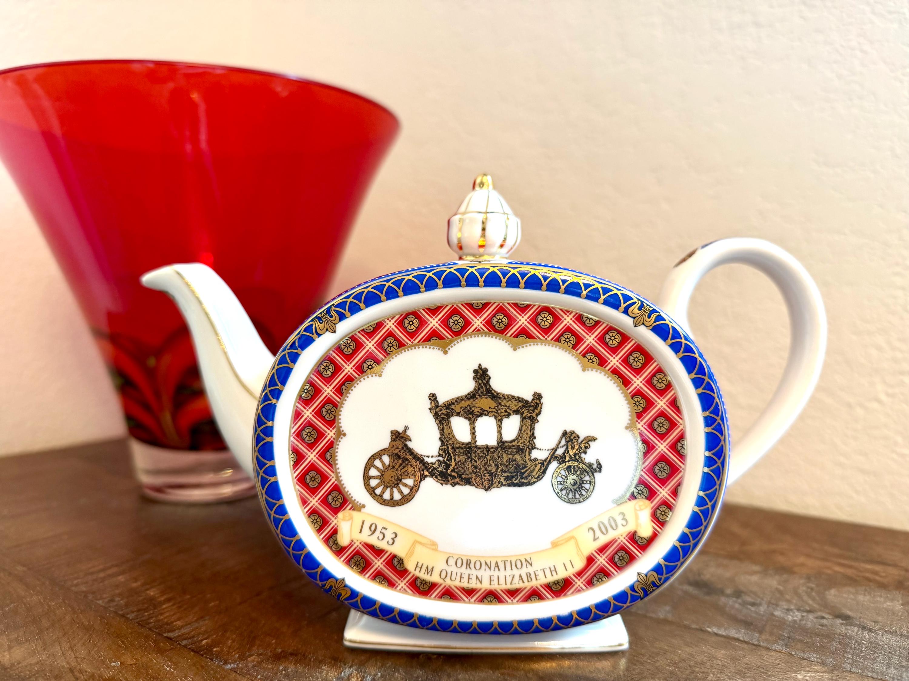 James Sadler Queen Elizabeth II Coronation Teapot & Golden Jubilee Plate Set 1953 2003 England Red Blue Gold Royal Commemorative Fine Bone C