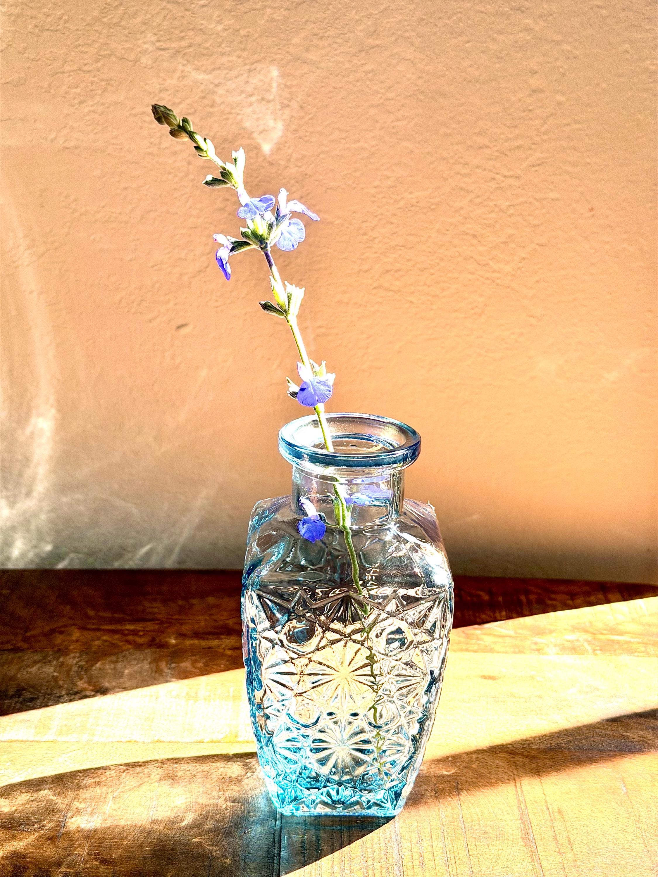 Blue Pressed Glass Bud Vase Geometric Starburst Mini Vase Cottagecore Shelf Decor Retro Floral Vase