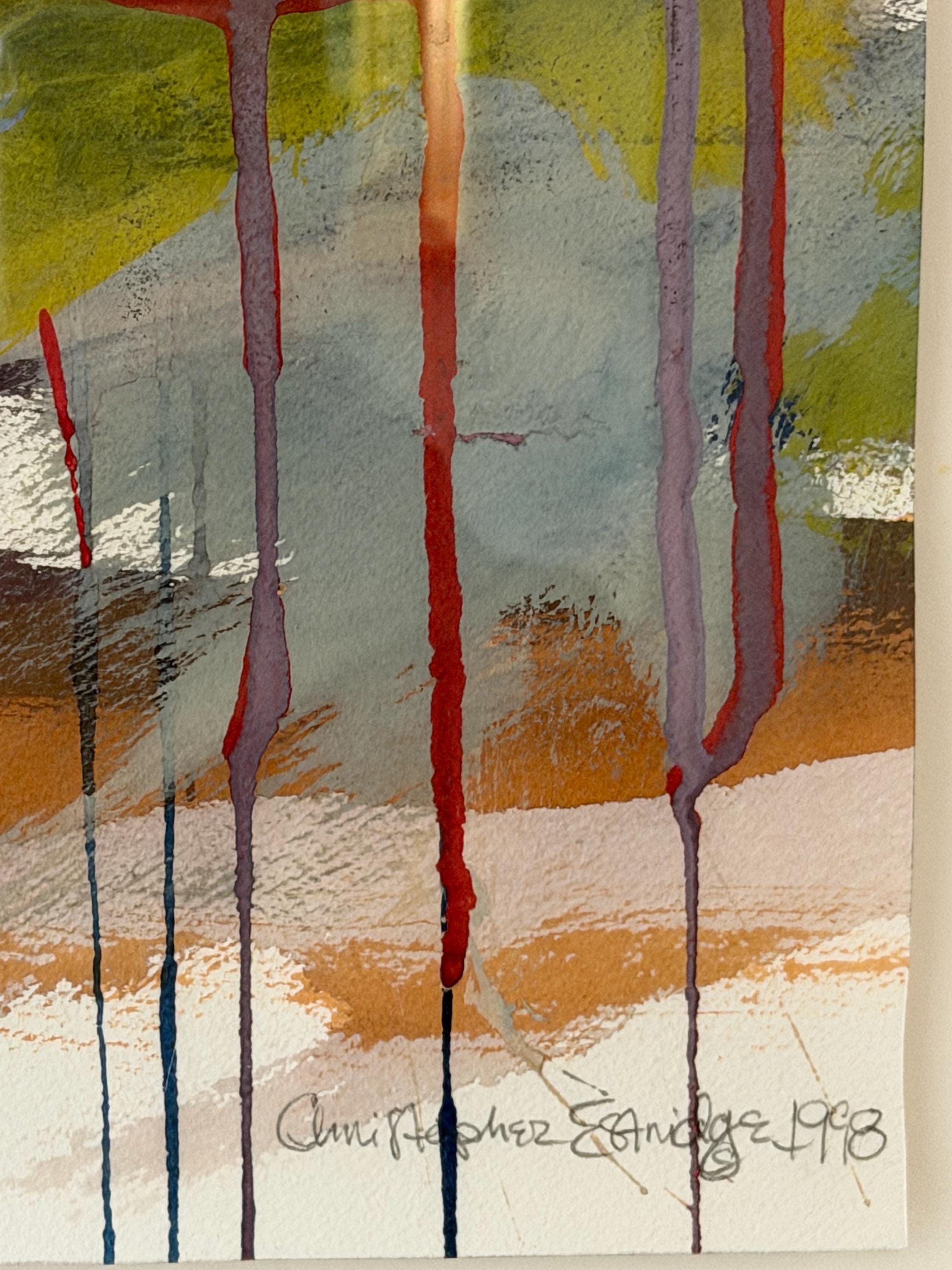 Abstract Mixed Media Painting 1998, Signed Expressionist Wall Art, Natural Wood Frame