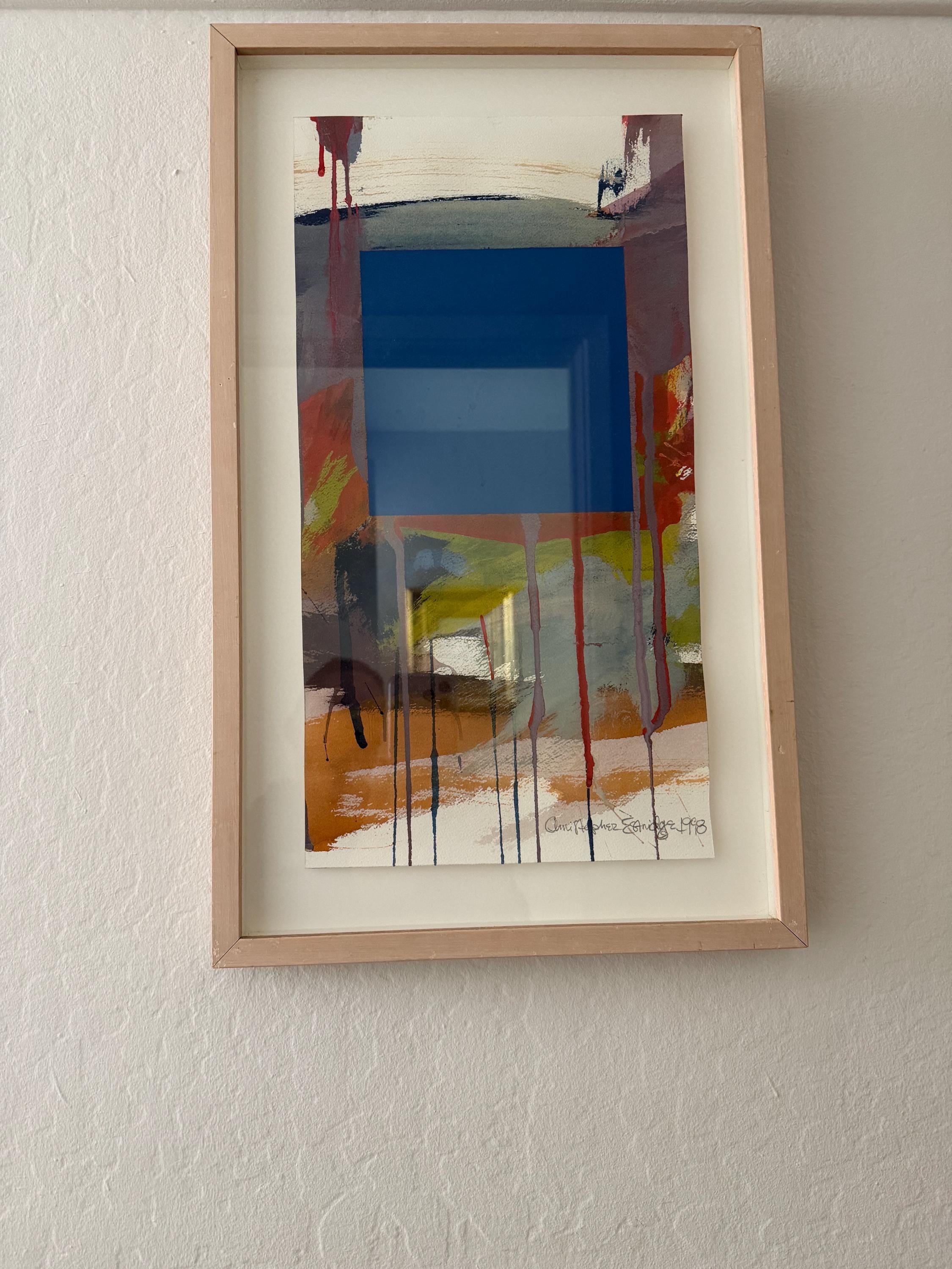 Abstract Mixed Media Painting 1998, Signed Expressionist Wall Art, Natural Wood Frame
