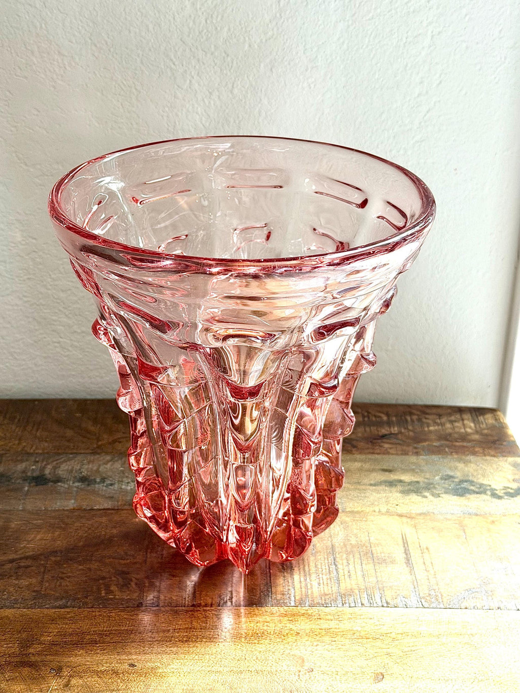 Sculptural Pink Art Glass Vase | Mid-Century Modern Heavy Blush Crystal Bowl