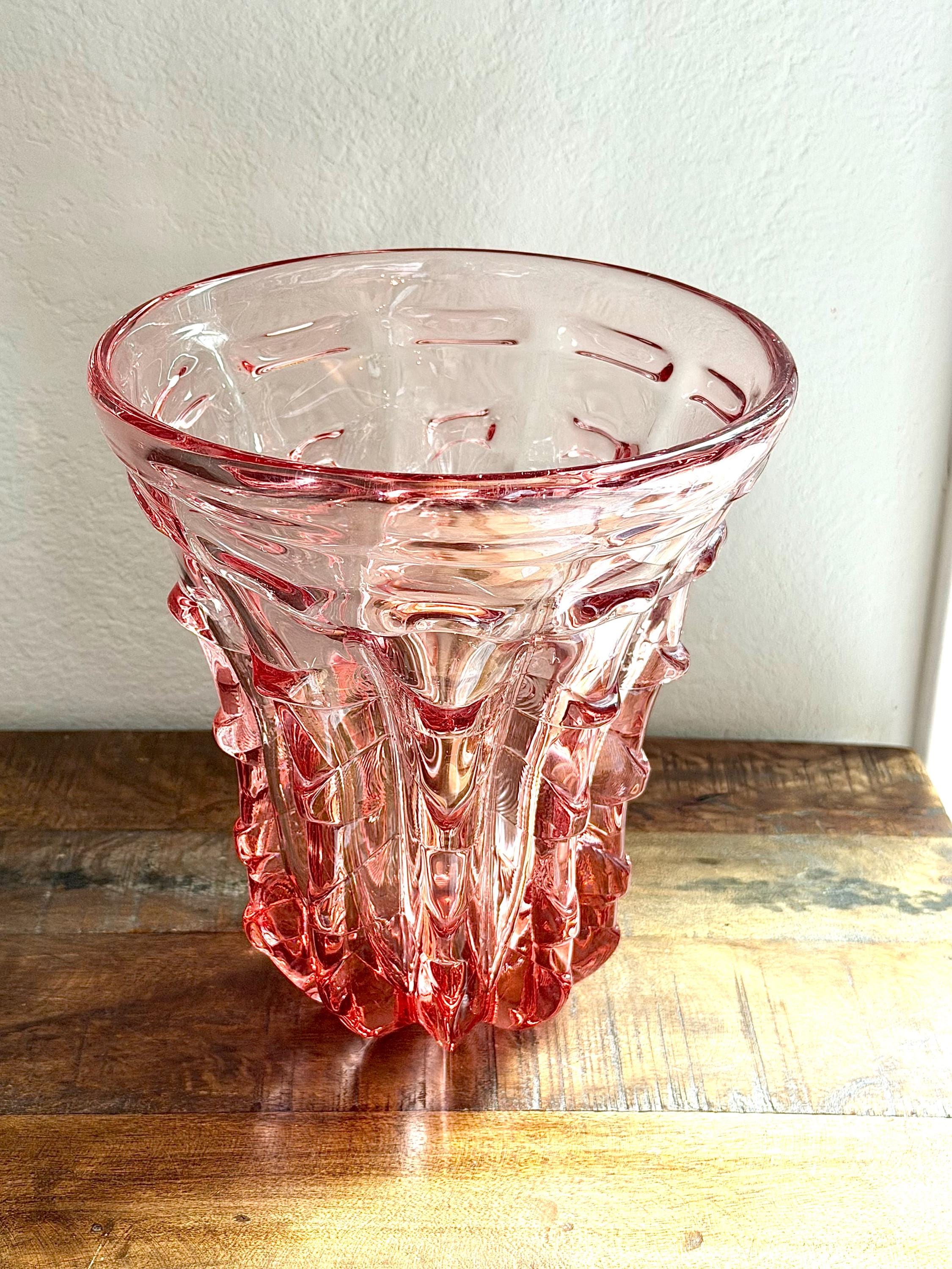 Sculptural Pink Art Glass Vase | Mid-Century Modern Heavy Blush Crystal Bowl