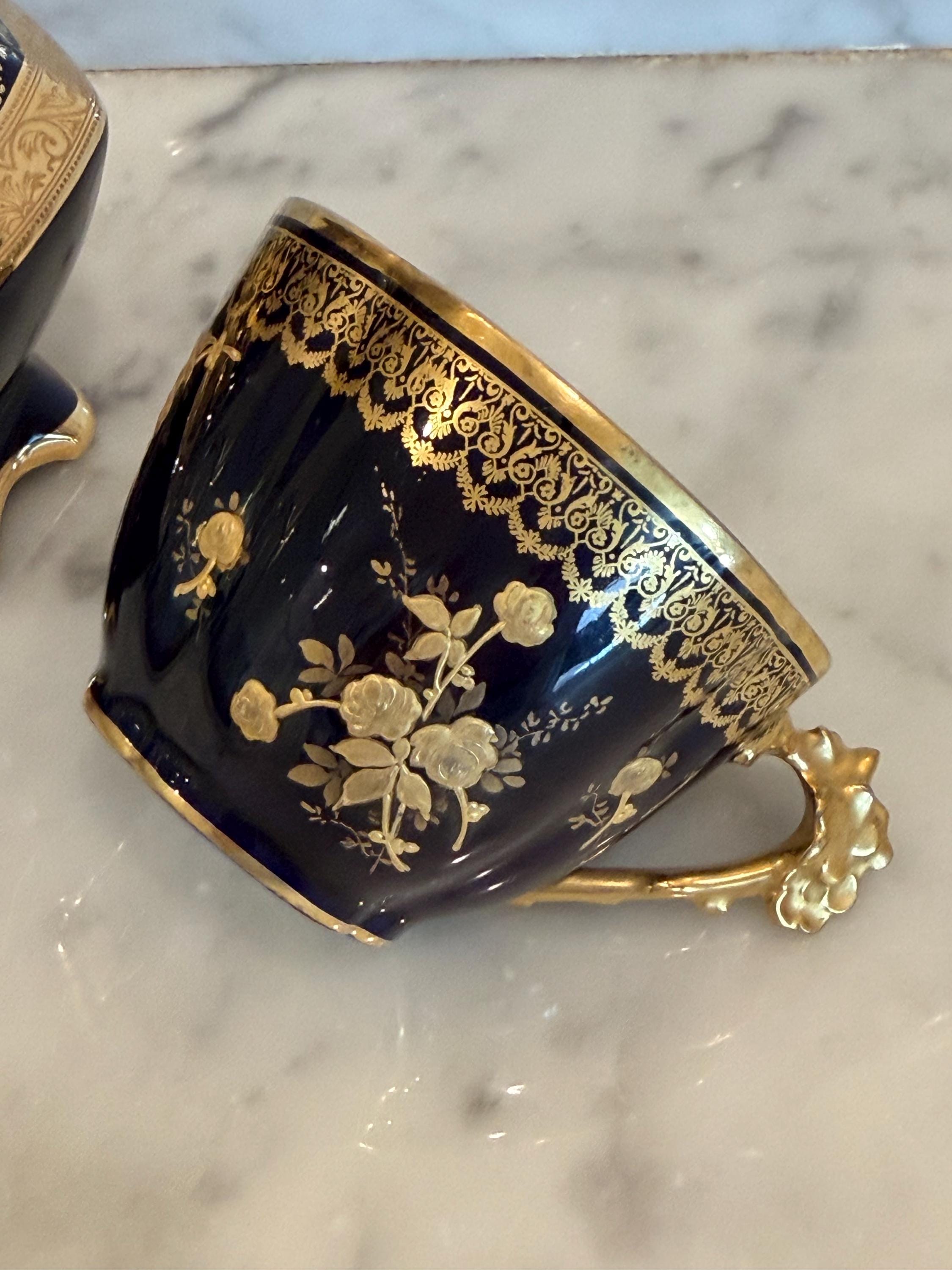 Limoges Cobalt Blue Porcelain Vase and Teacup Set – 24K Gold Gilt Courting Scene
