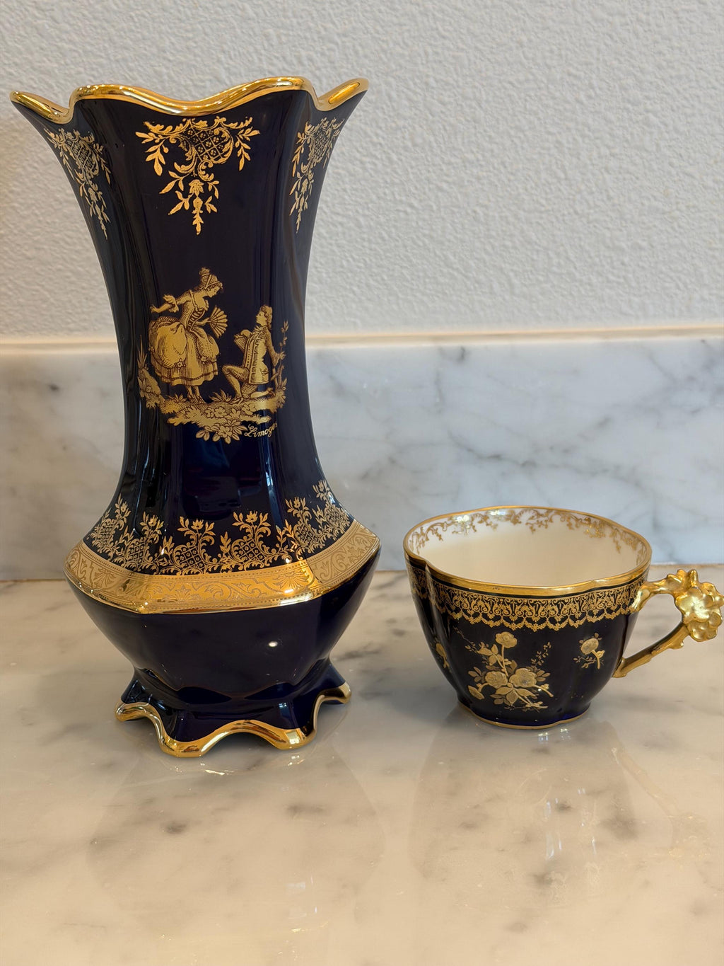 Limoges Cobalt Blue Porcelain Vase and Teacup Set – 24K Gold Gilt Courting Scene