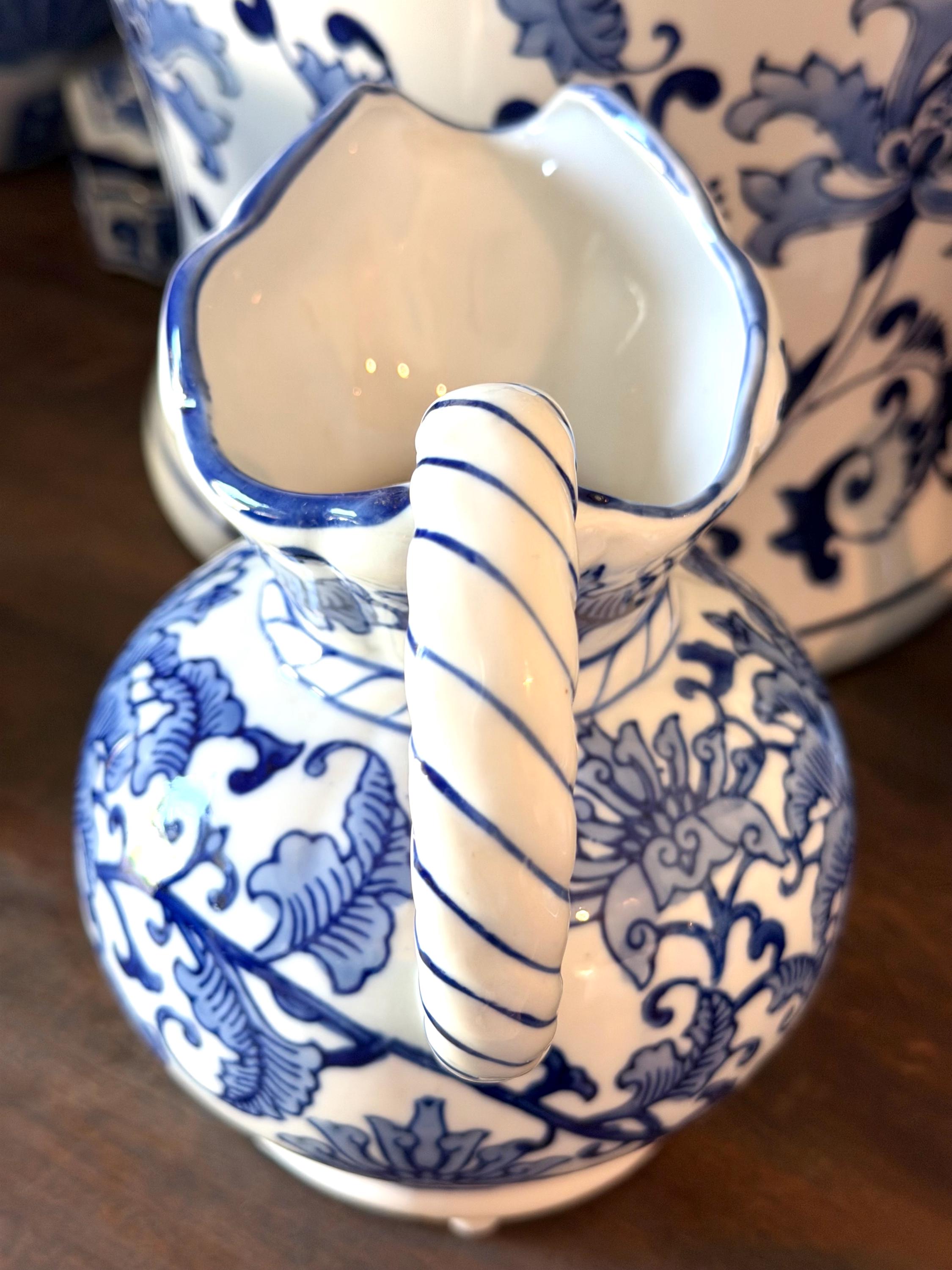 Seymour Mann China Blue Porcelain Pitcher Blue White Chinoiserie Floral Jug Made in Japan Cottagecore Decor
