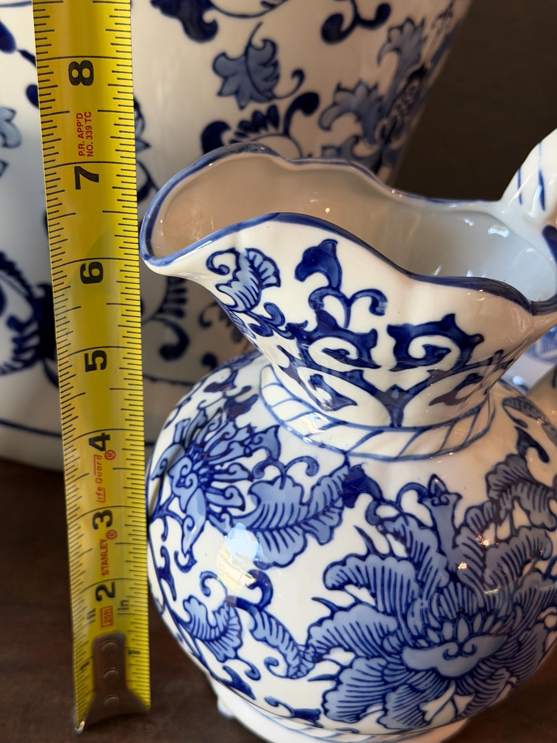 Seymour Mann China Blue Porcelain Pitcher Blue White Chinoiserie Floral Jug Made in Japan Cottagecore Decor