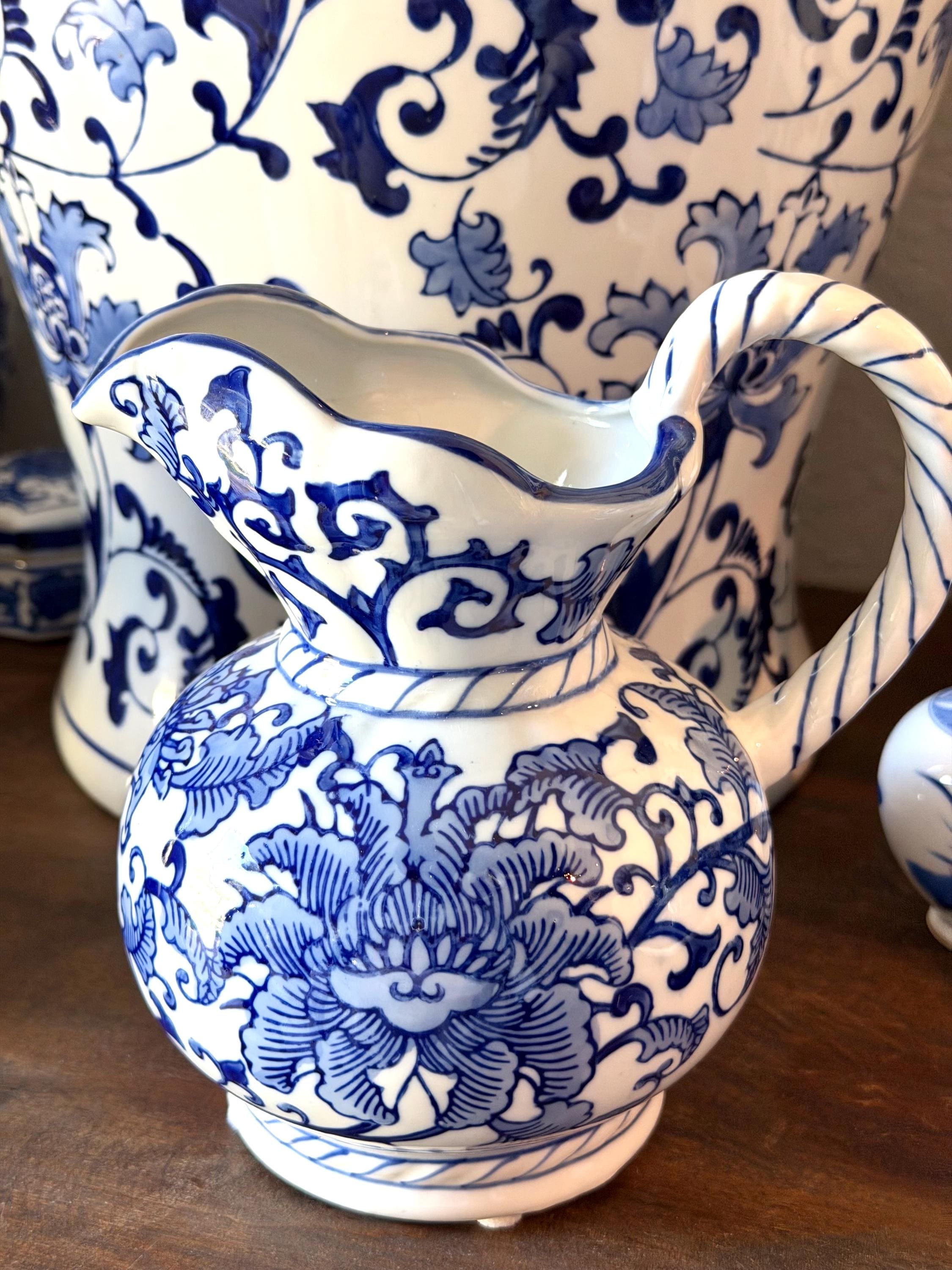 Seymour Mann China Blue Porcelain Pitcher Blue White Chinoiserie Floral Jug Made in Japan Cottagecore Decor