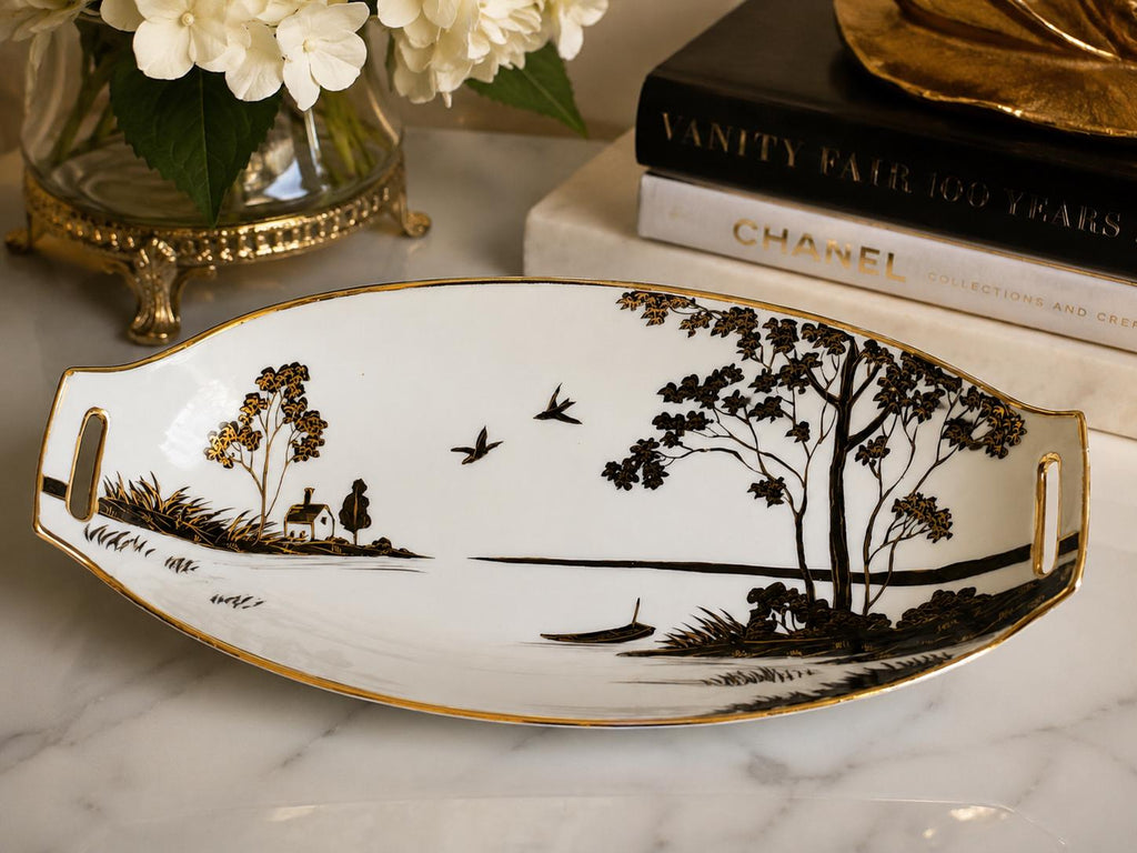 Hand Painted Nippon Porcelain Vanity Tray Black Gold Scenic Serving Tray Japanese Art Deco Decor
