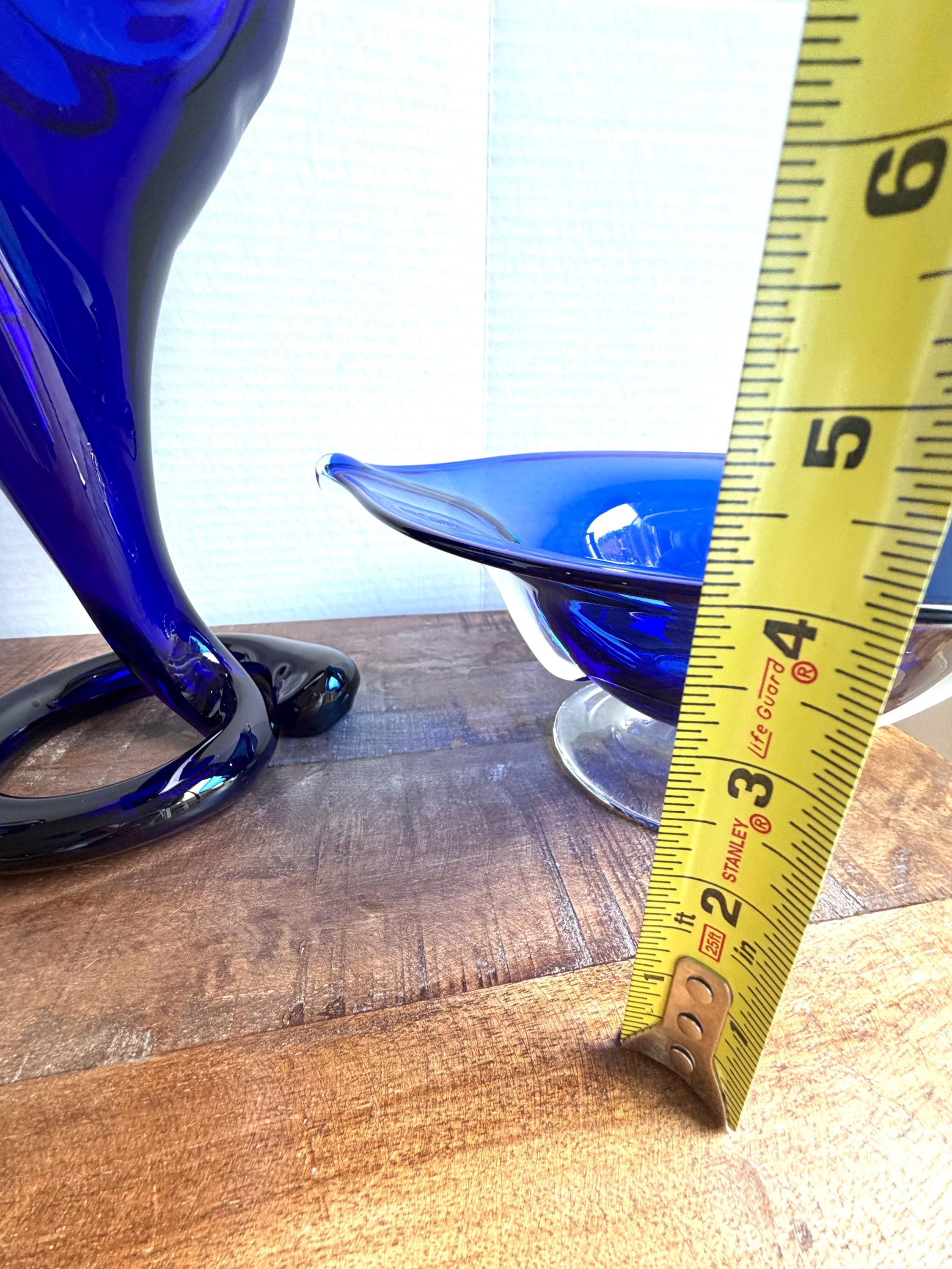 Cobalt Blue Art Glass Footed Console Bowls – Set of 2 Mid Century Modern Stretch Glass Centerpieces