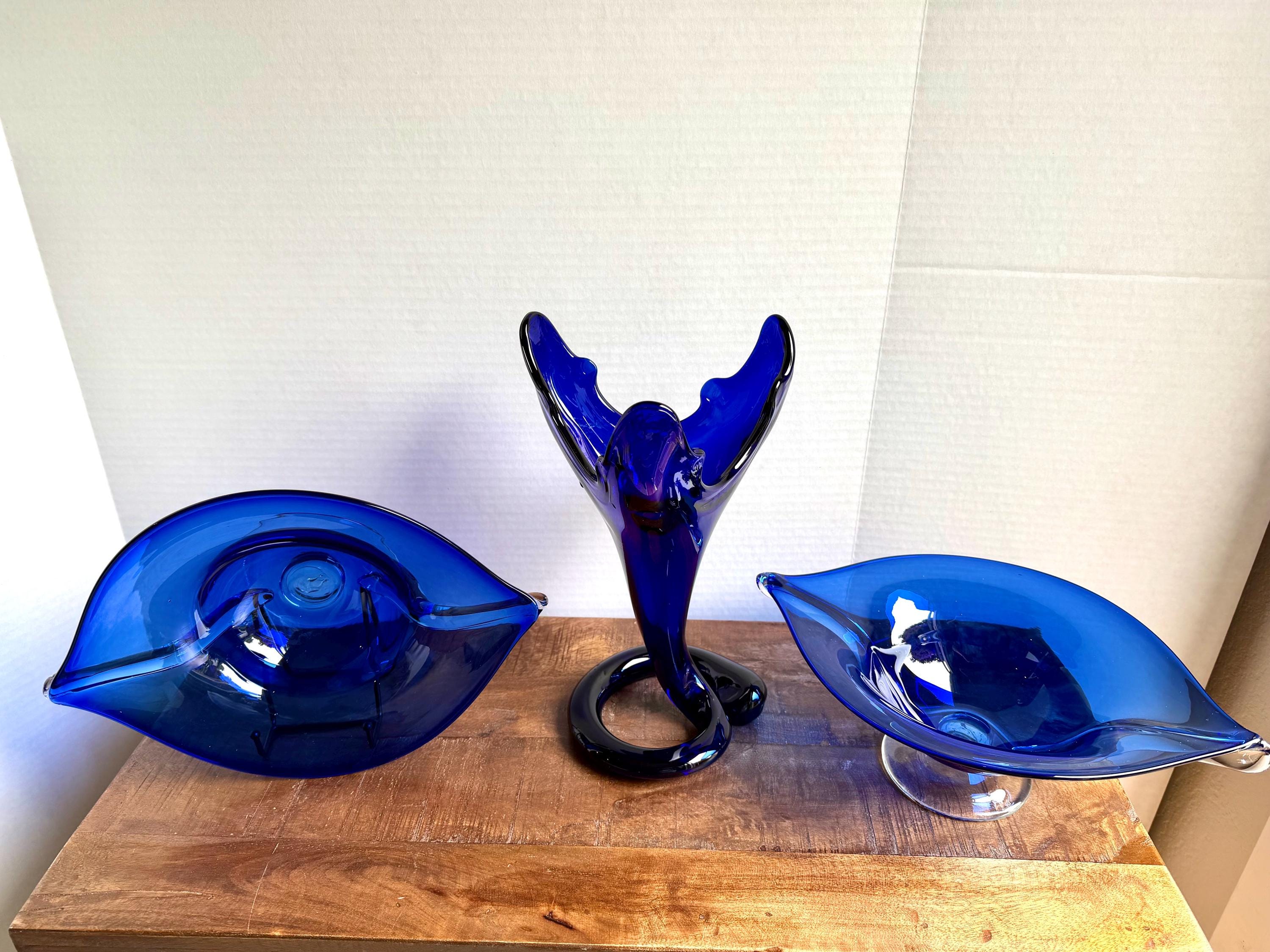 Cobalt Blue Art Glass Footed Console Bowls – Set of 2 Mid Century Modern Stretch Glass Centerpieces