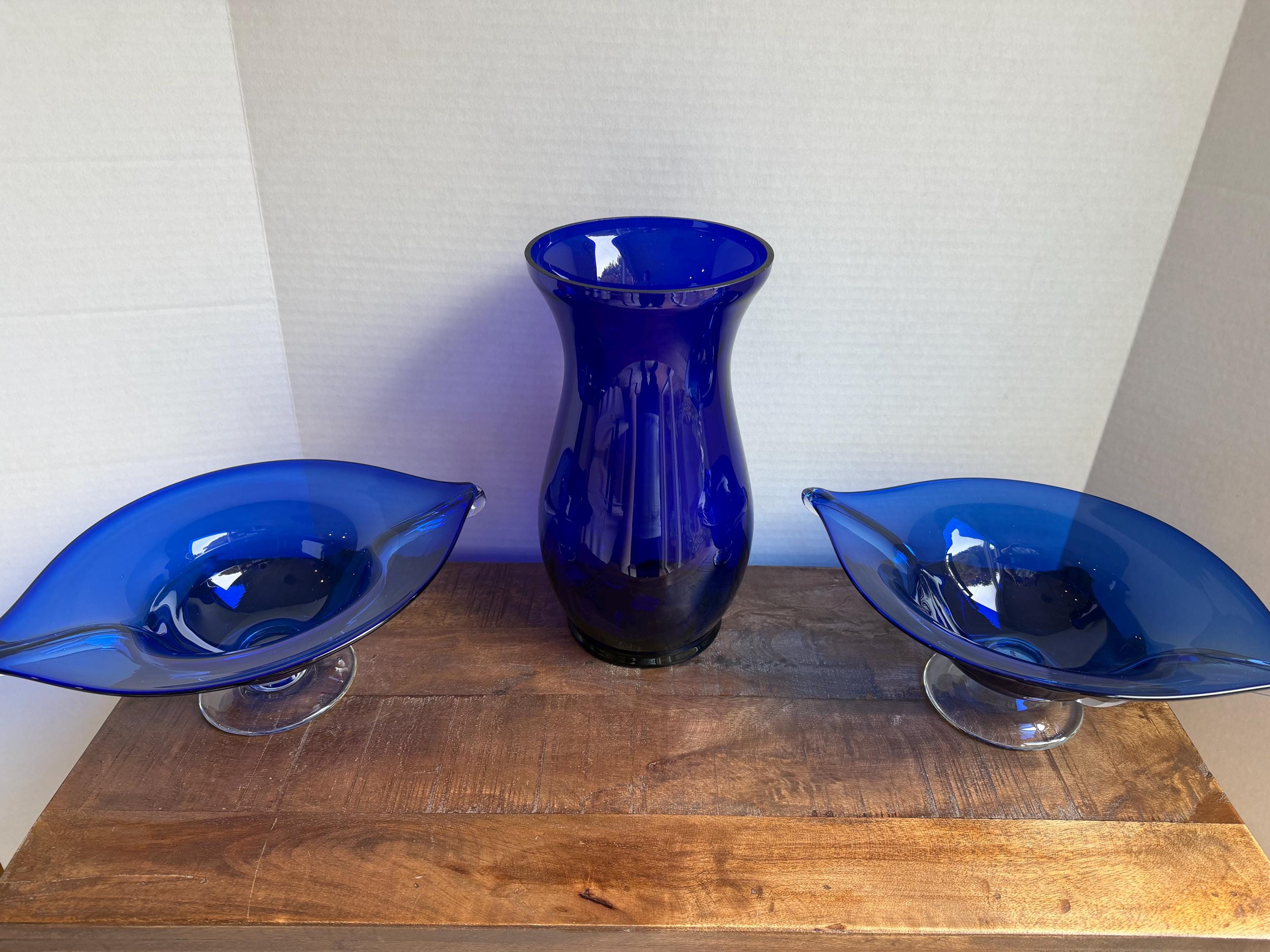Cobalt Blue Art Glass Footed Console Bowls – Set of 2 Mid Century Modern Stretch Glass Centerpieces