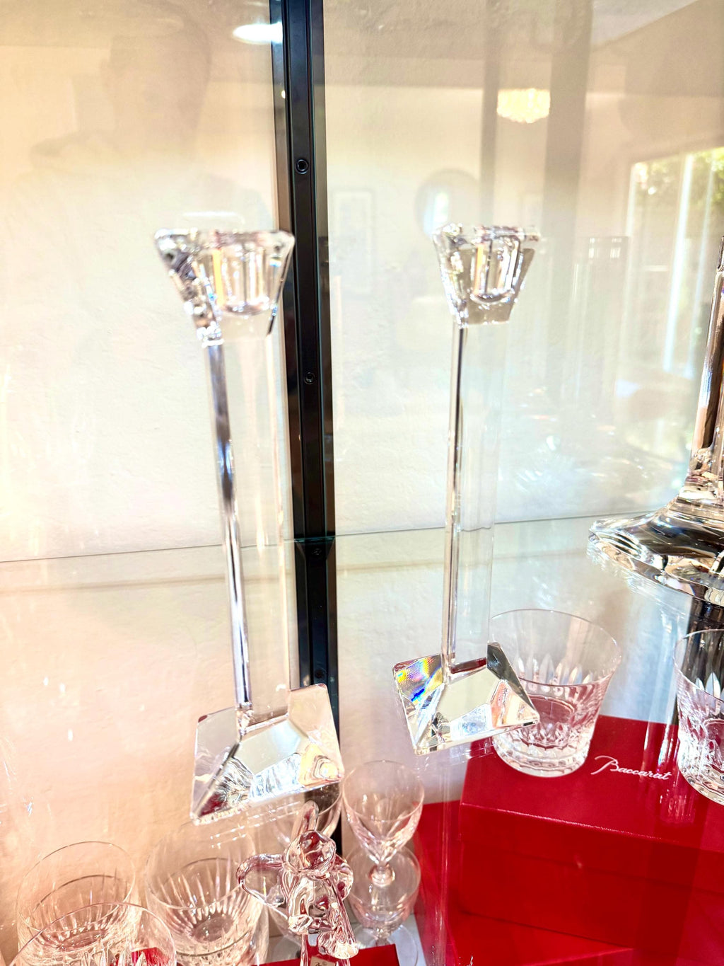 Modernist Crystal Candlesticks – Pair of Geometric Faceted Candle Holders Vintage