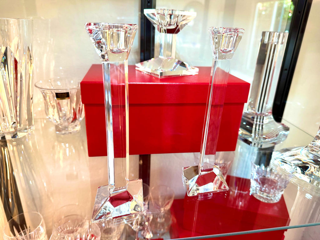 Modernist Crystal Candlesticks – Pair of Geometric Faceted Candle Holders Vintage